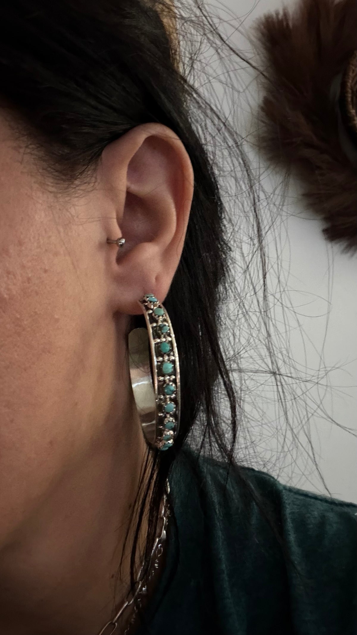 Zuni Made Kingman Turquoise & Sterling Silver Post Dangle Hoop Earrings