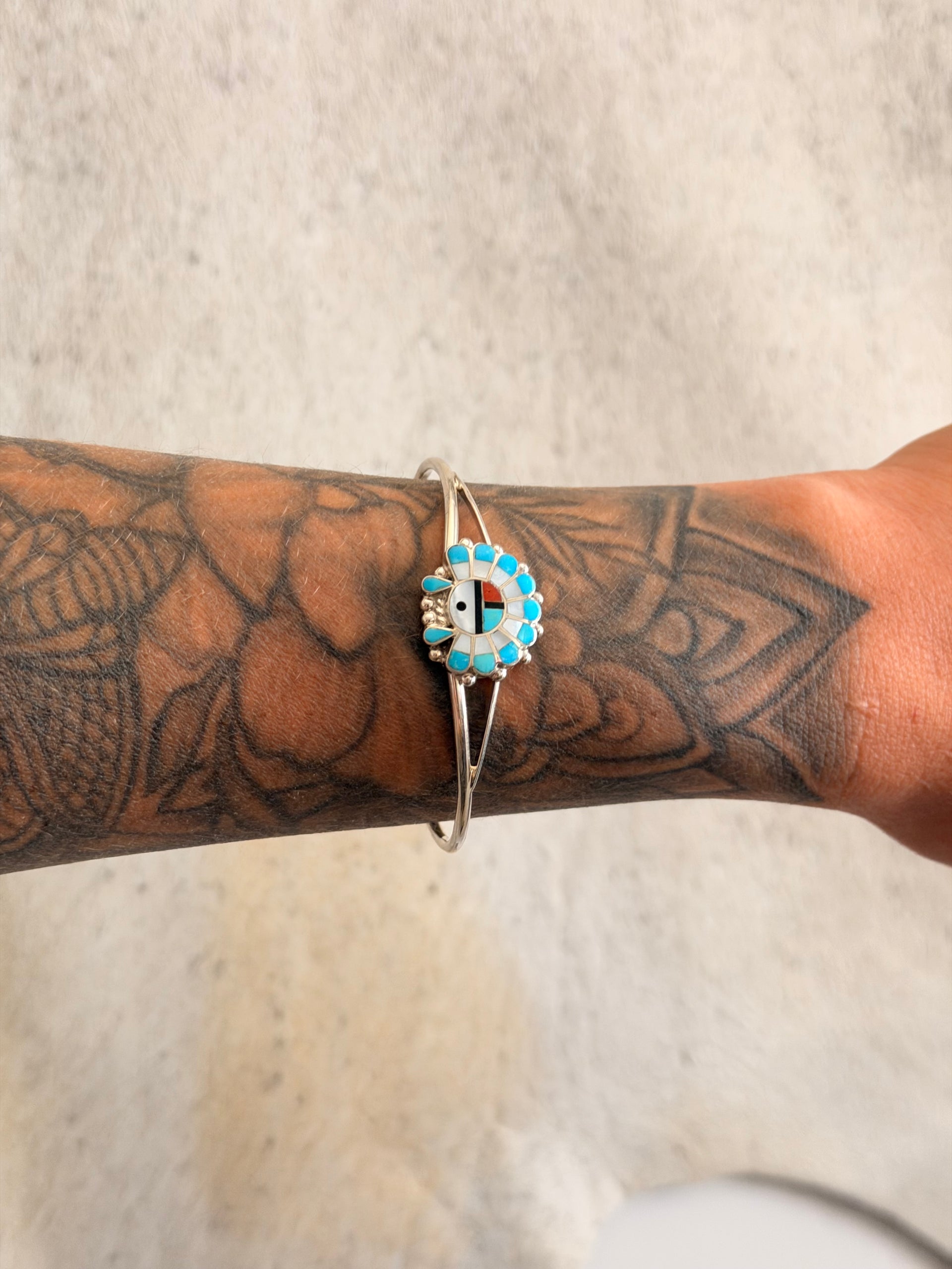 Zuni Made Multi Stone & Sterling Silver Inlay Sunface Cuff Bracelet