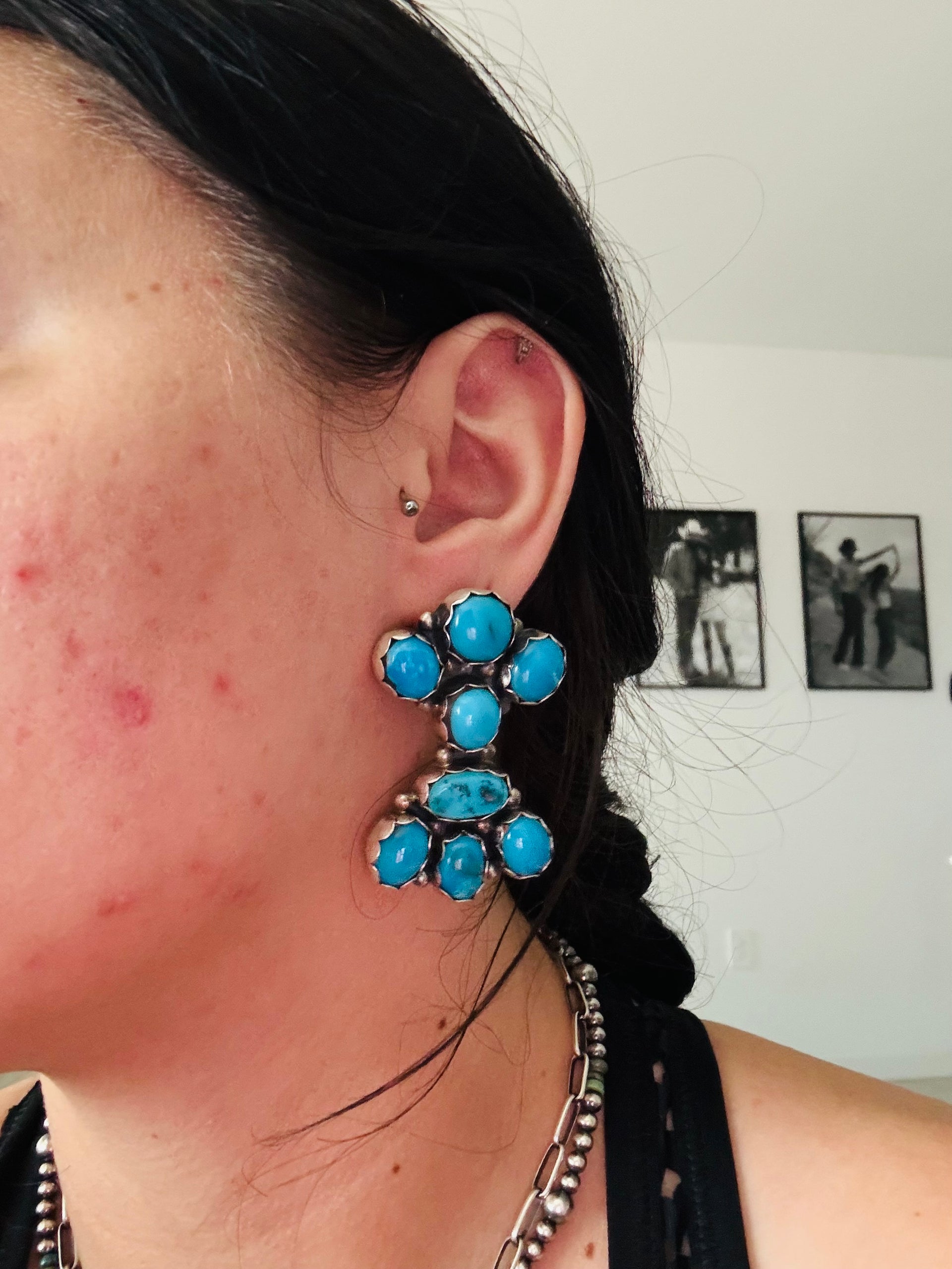 Sheila Becenti Kingman Turquoise & Sterling Silver Post Dangle Cluster Earrings