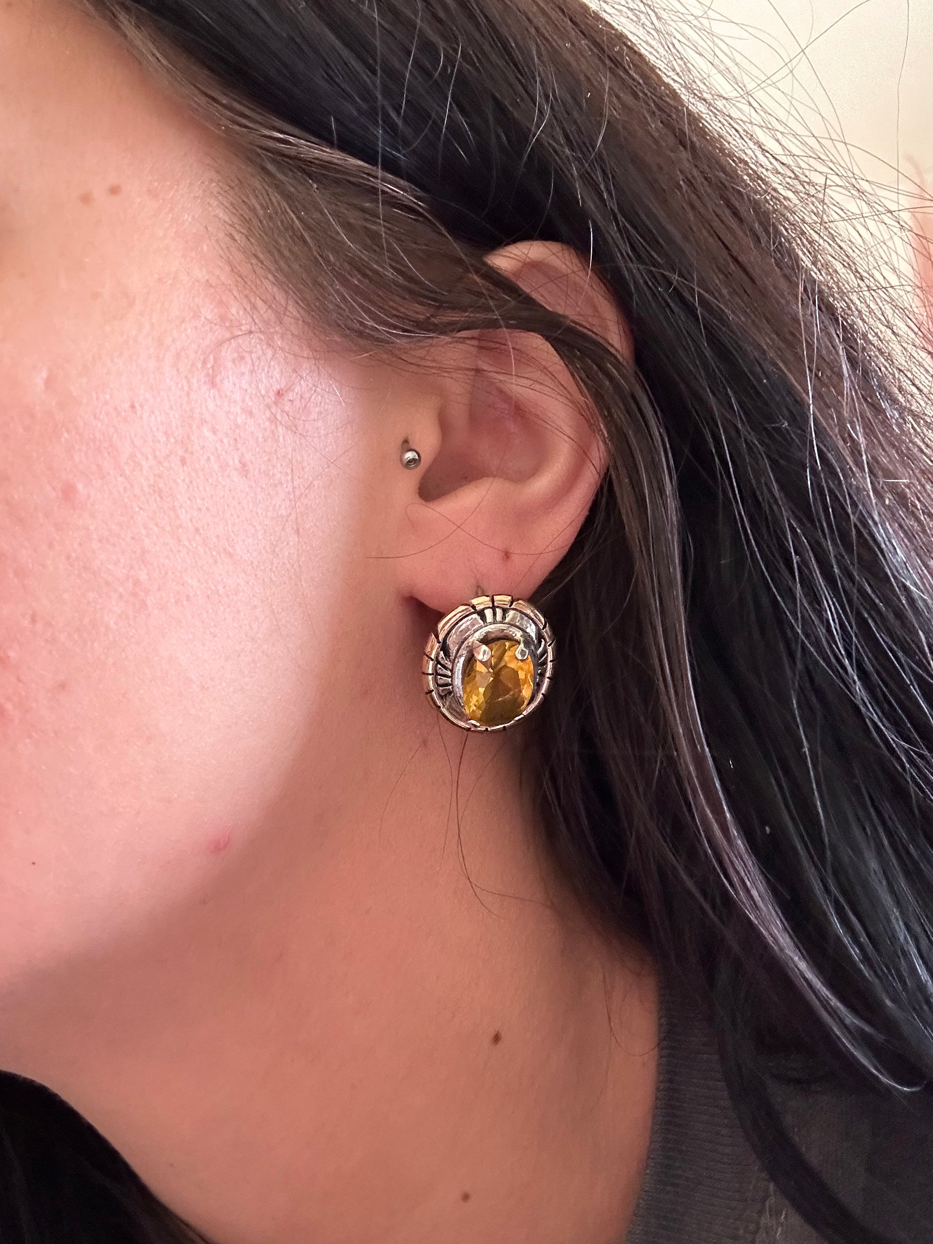 Russel Sam Citrine Stone & Sterling Silver Post Earrings