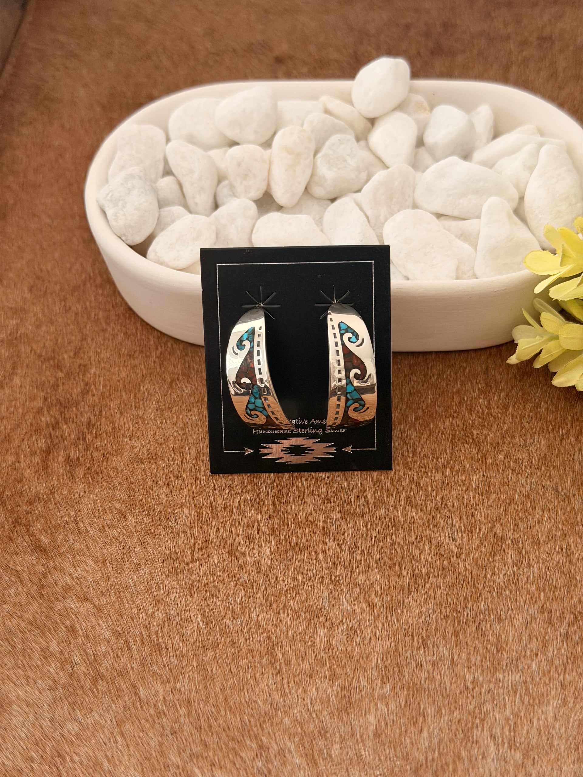 Navajo Made Multi Stone & Sterling Silver Flake Inlay Post Hoop Earrings