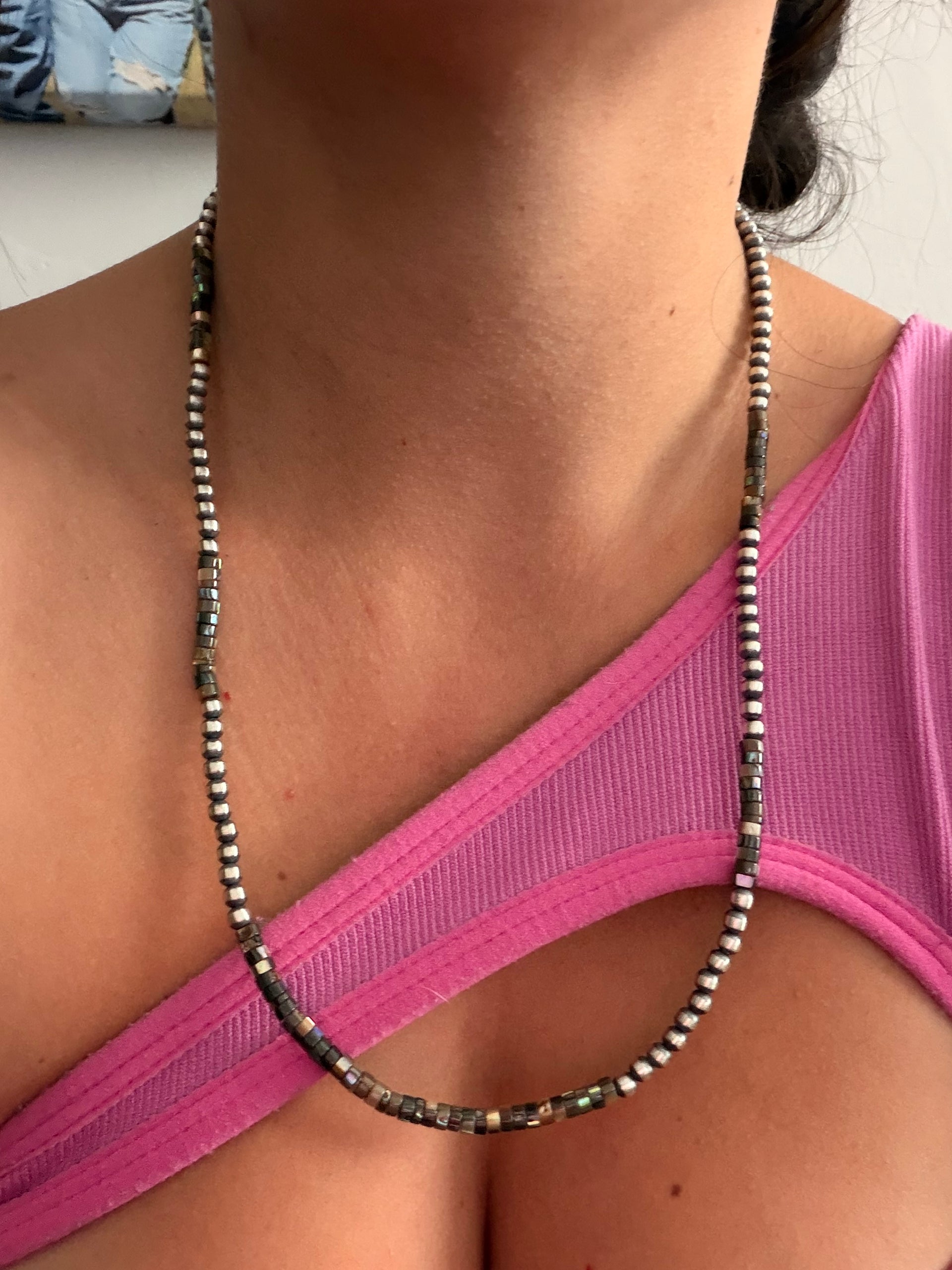 Navajo Strung Abalone & Sterling Silver 22” Machine Made Pearl Necklace