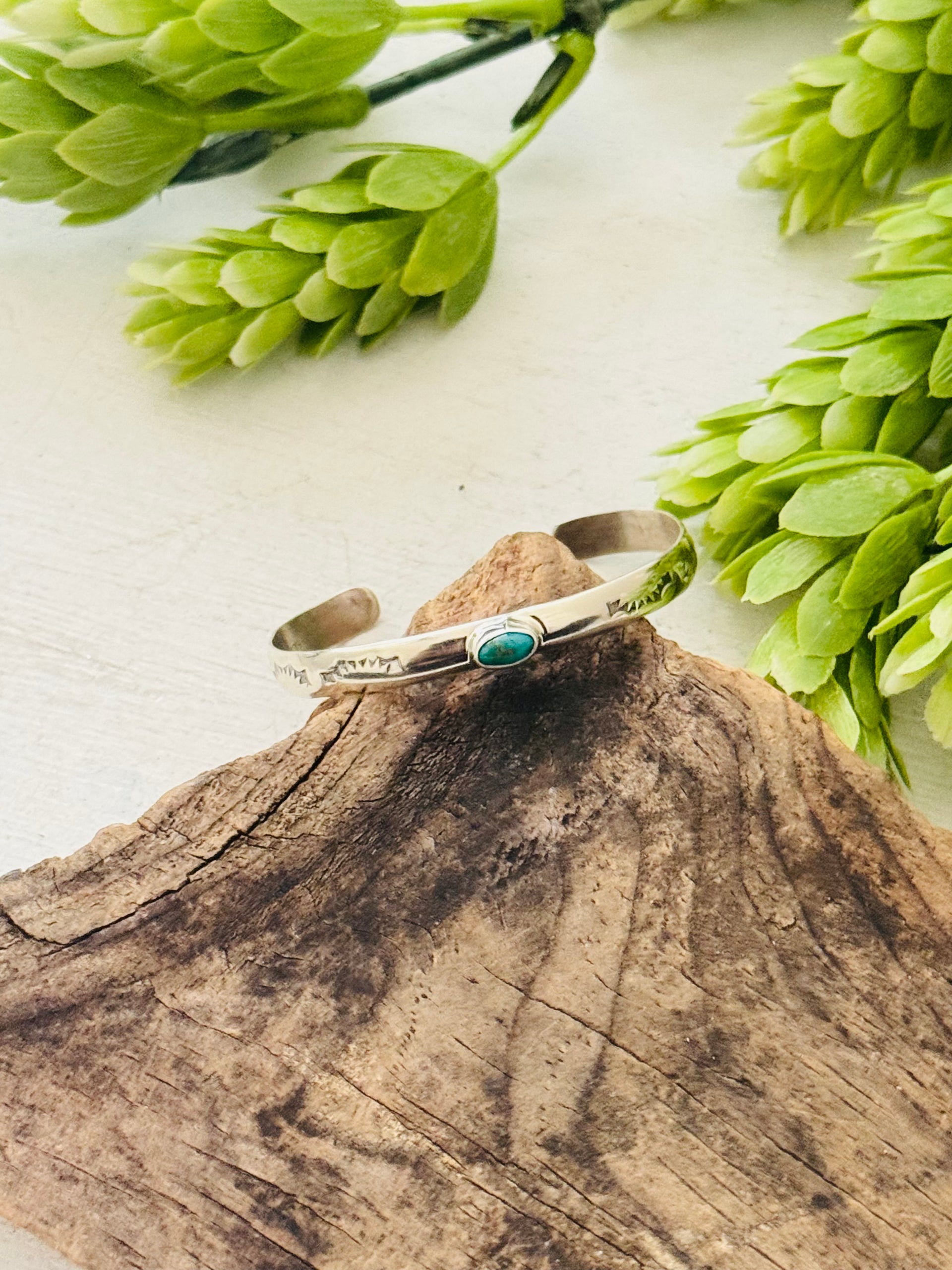 Navajo Made Kingman Turquoise & Sterling Silver Baby Cuff Bracelet