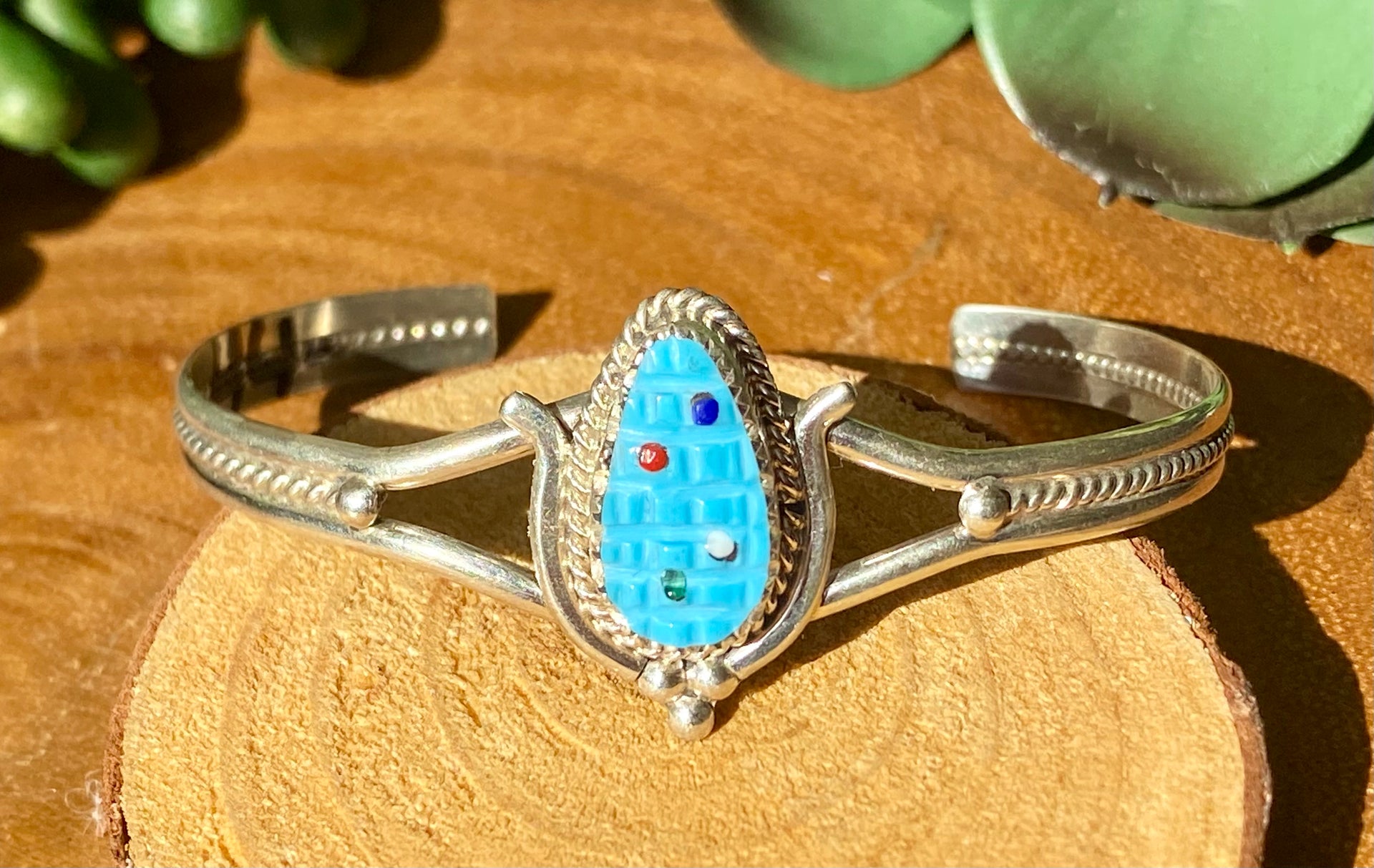 Zuni Handmade Multi Stone & Sterling Silver Corn Cuff Bracelet