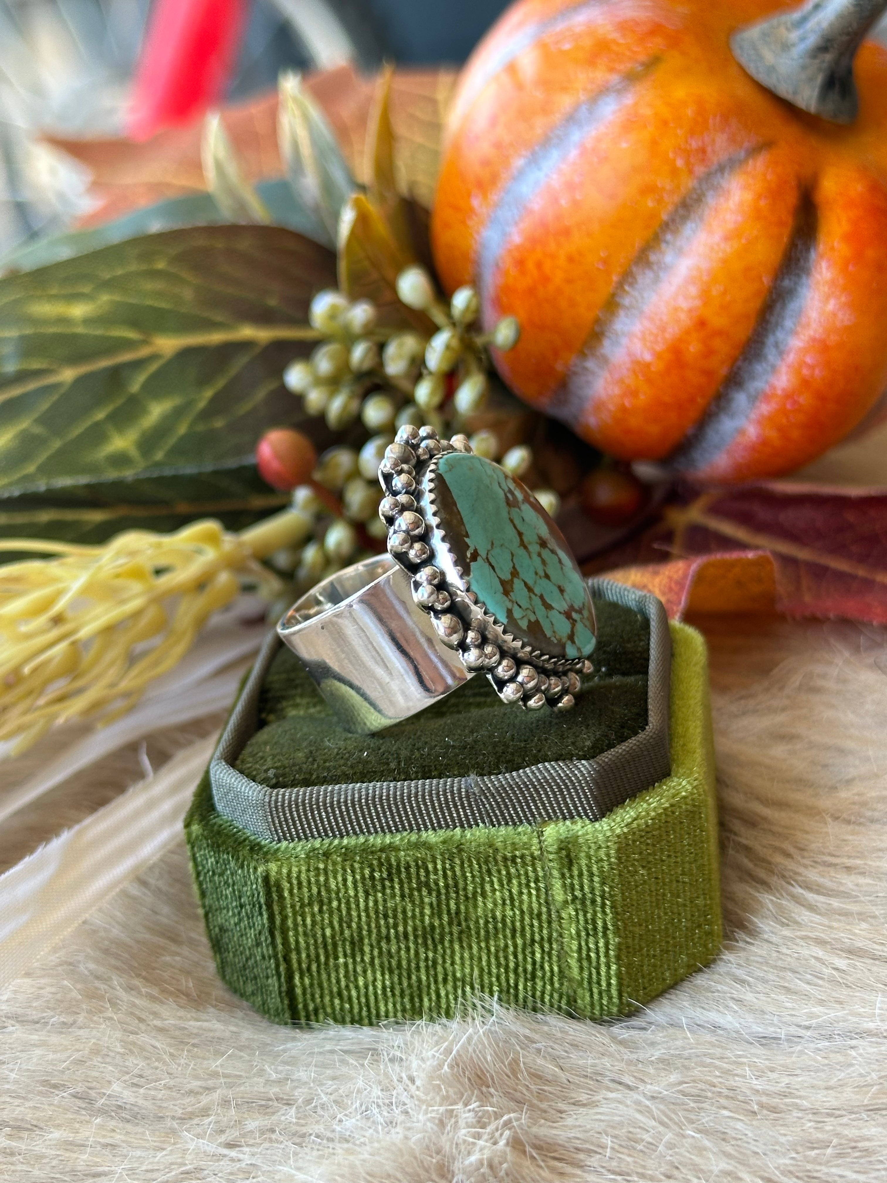 Southwest Handmade #8 Turquoise & Sterling Silver Adjustable Ring