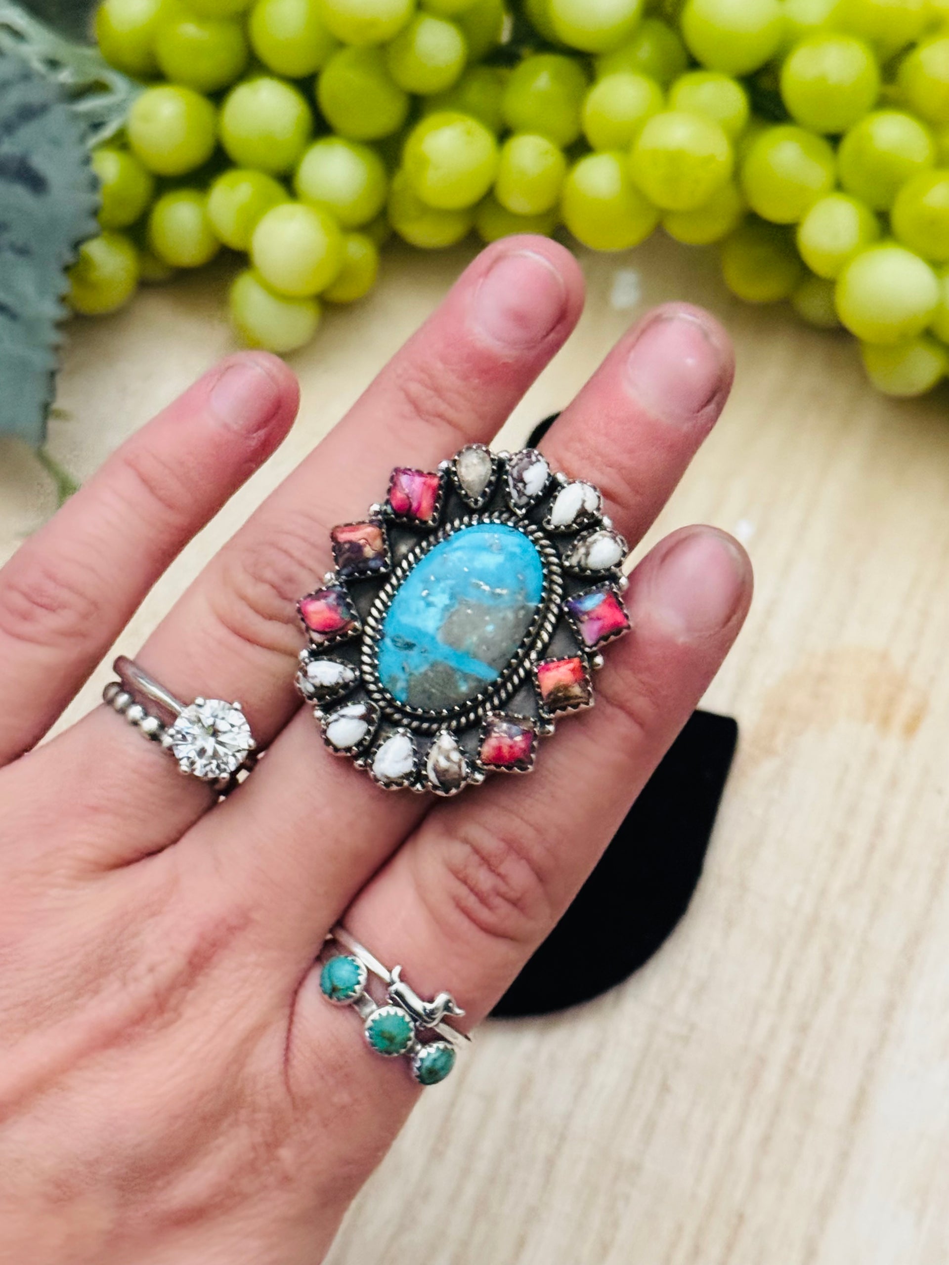 Southwest Handmade Multi Stone & Sterling Silver Adjustable Cluster Ring