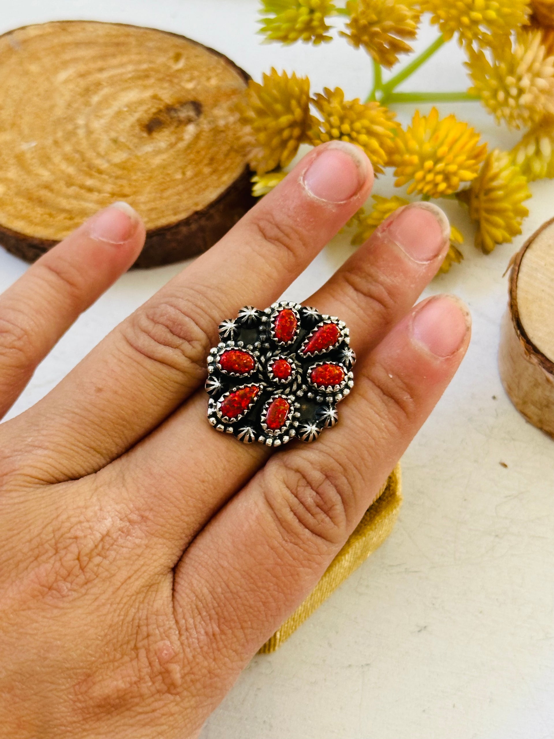 TTD “Sky Cascade” Red Opal & Sterling Silver Adjustable Cluster Ring