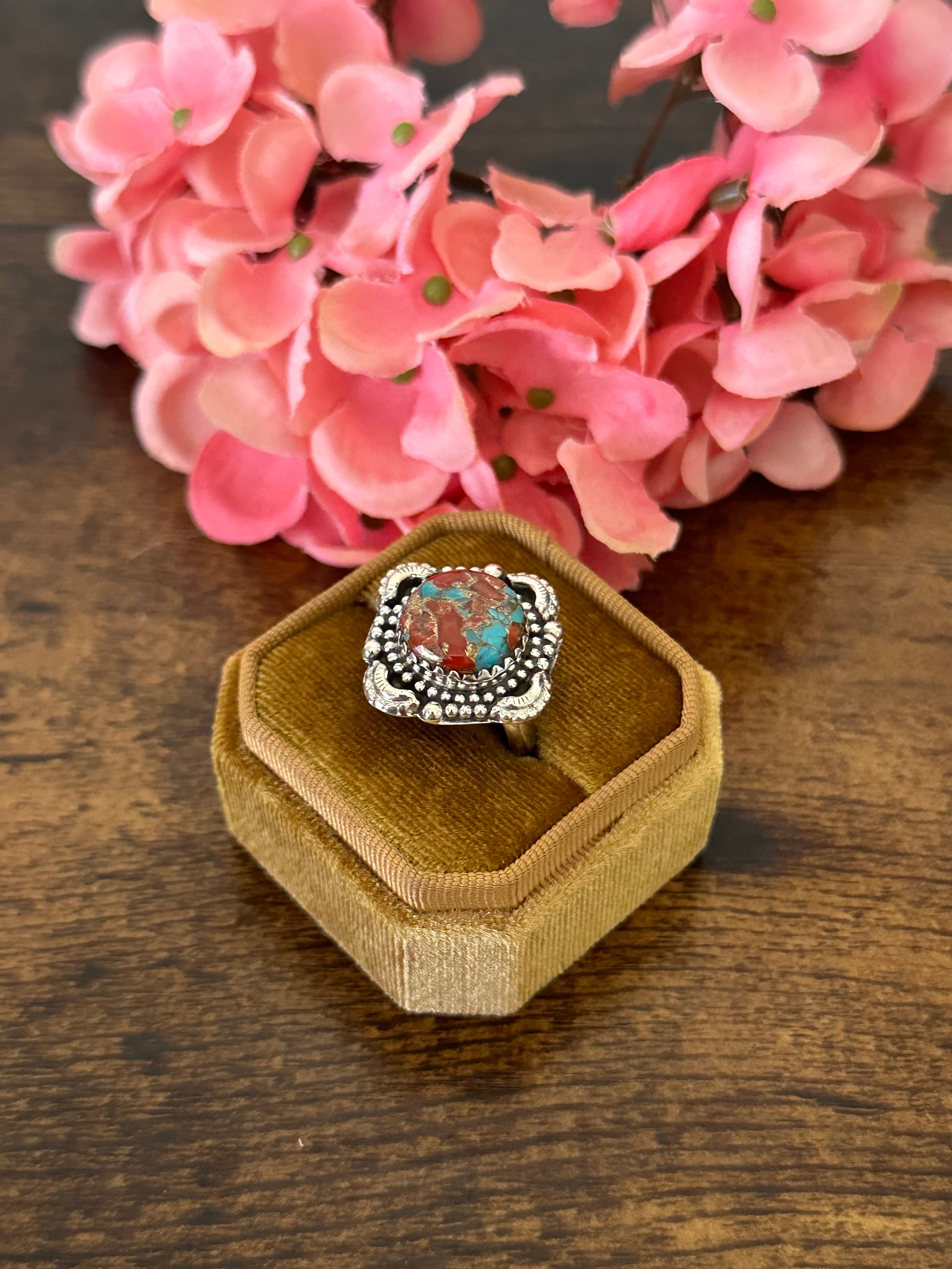 Southwest Handmade Red Mohave Turquoise & Sterling Silver Ring Size 7.5