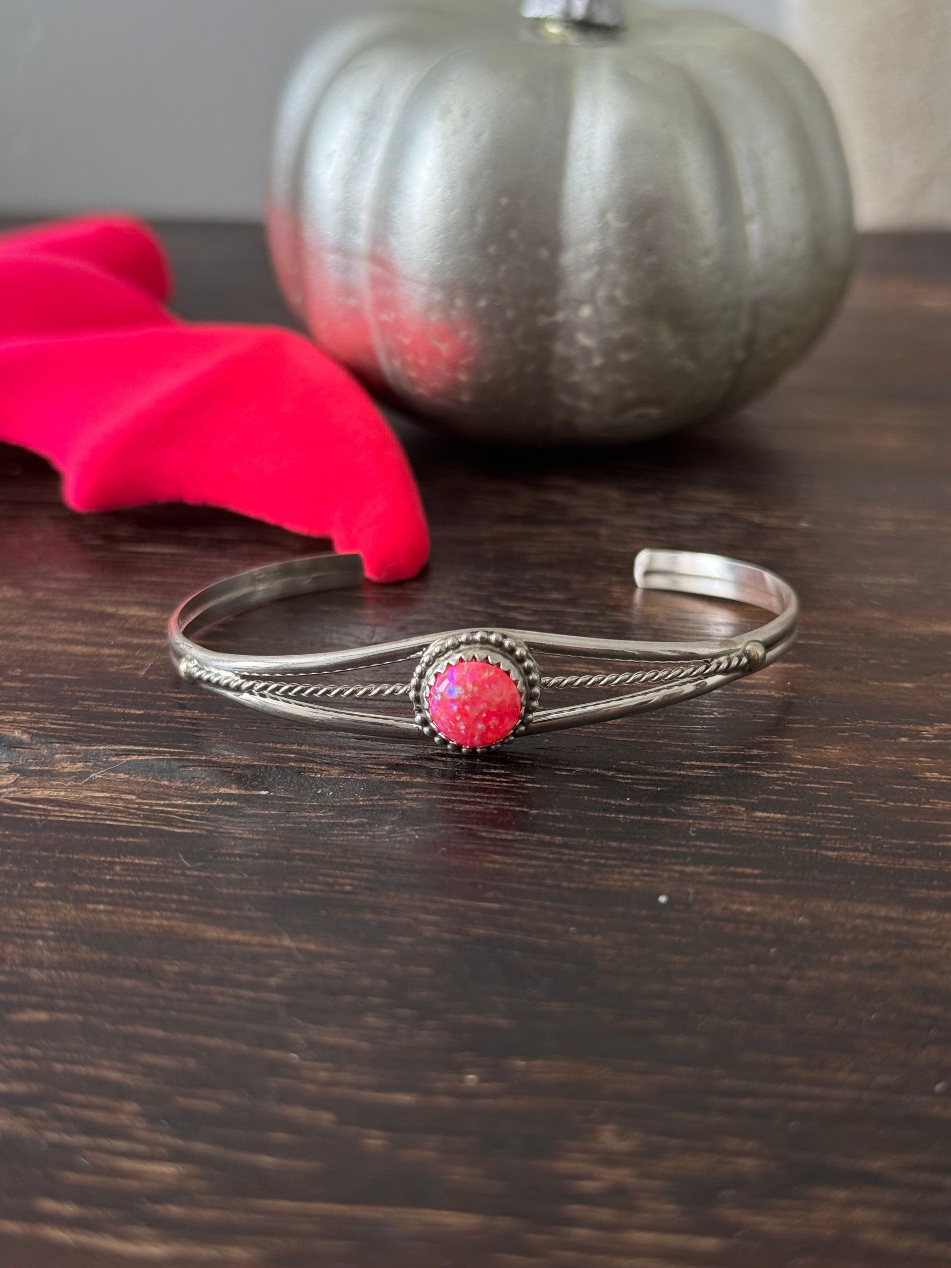 Navajo Made Pink Opal & Sterling Silver Cuff Bracelet