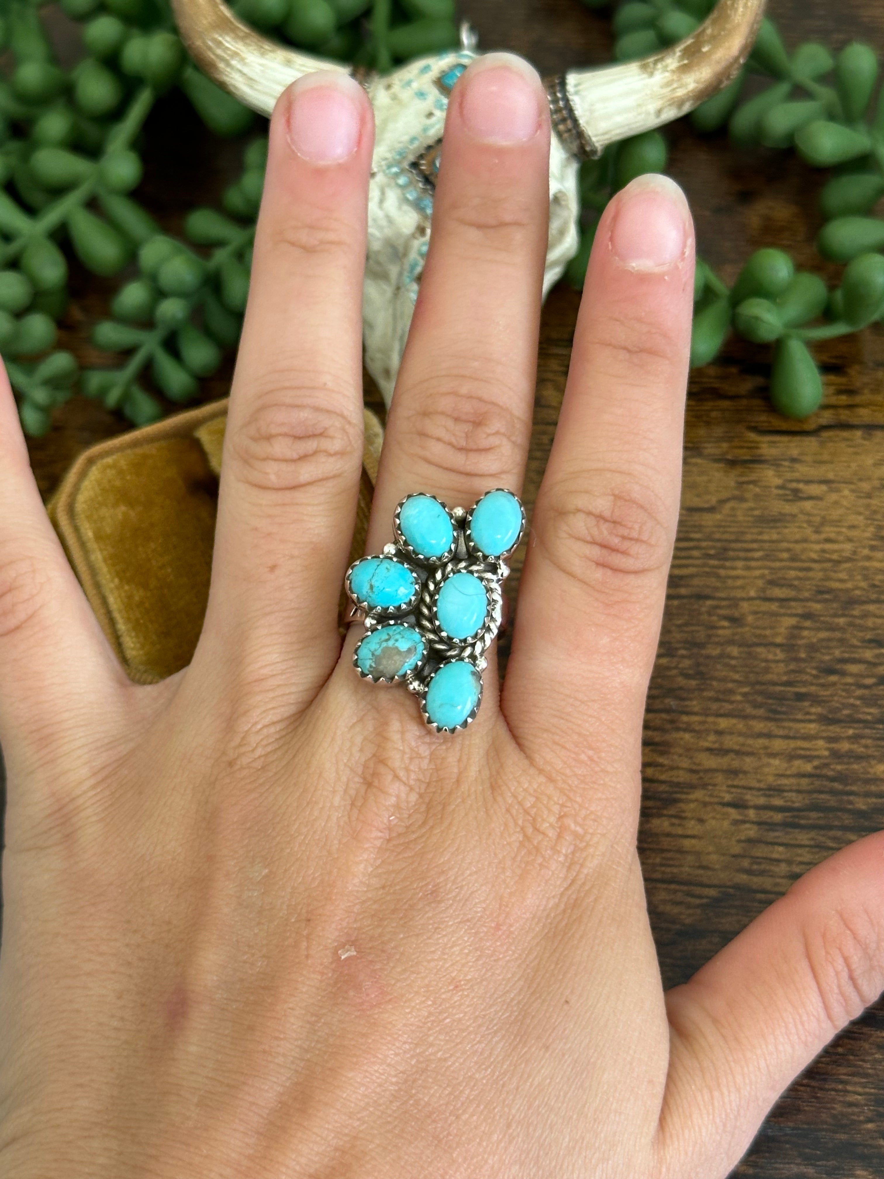 Southwest Handmade Kingman Turquoise & Sterling Silver Adjustable Cluster Ring