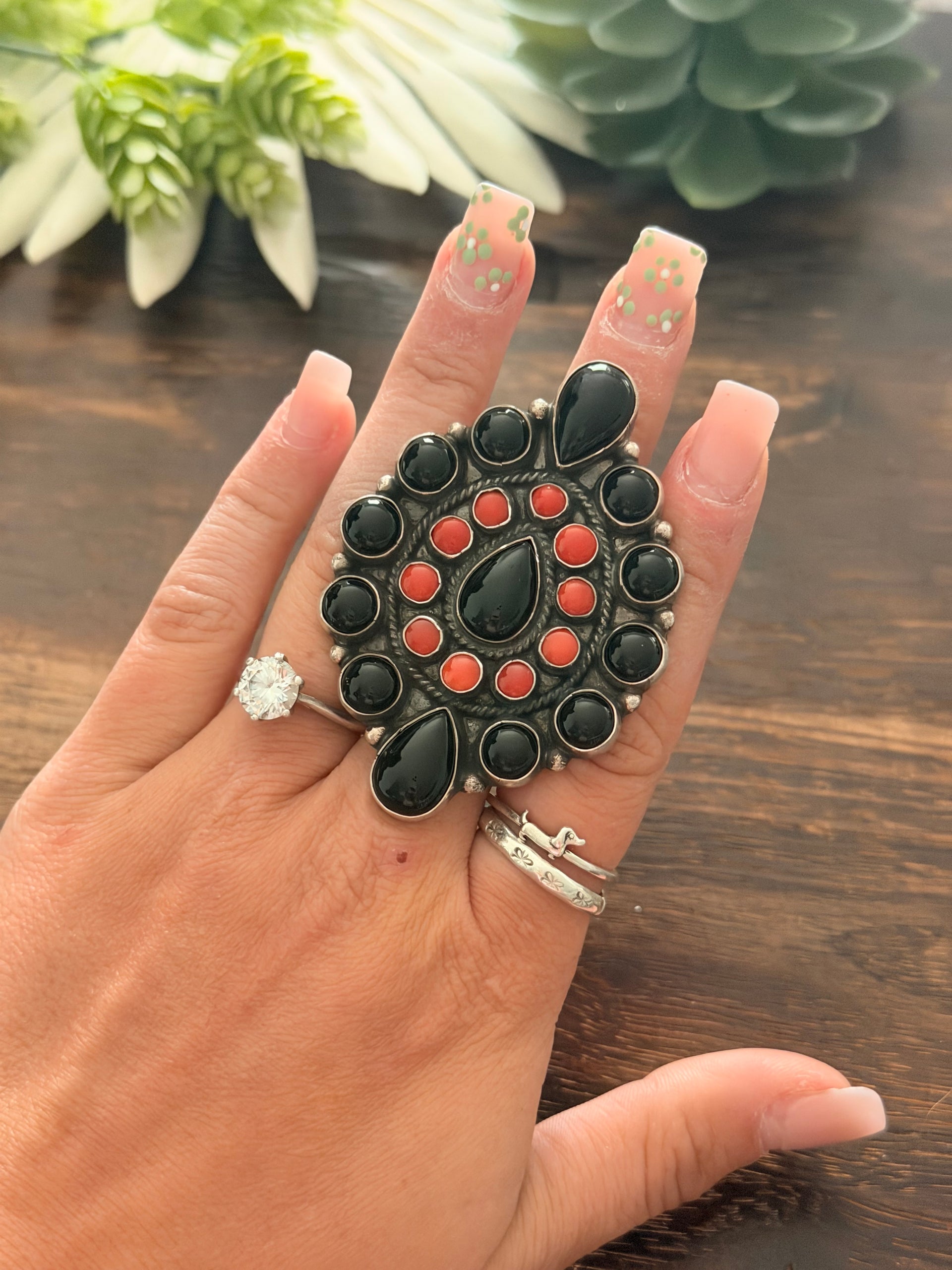 Navajo Made Multi Stone & Sterling Silver Cluster Adjustable Ring