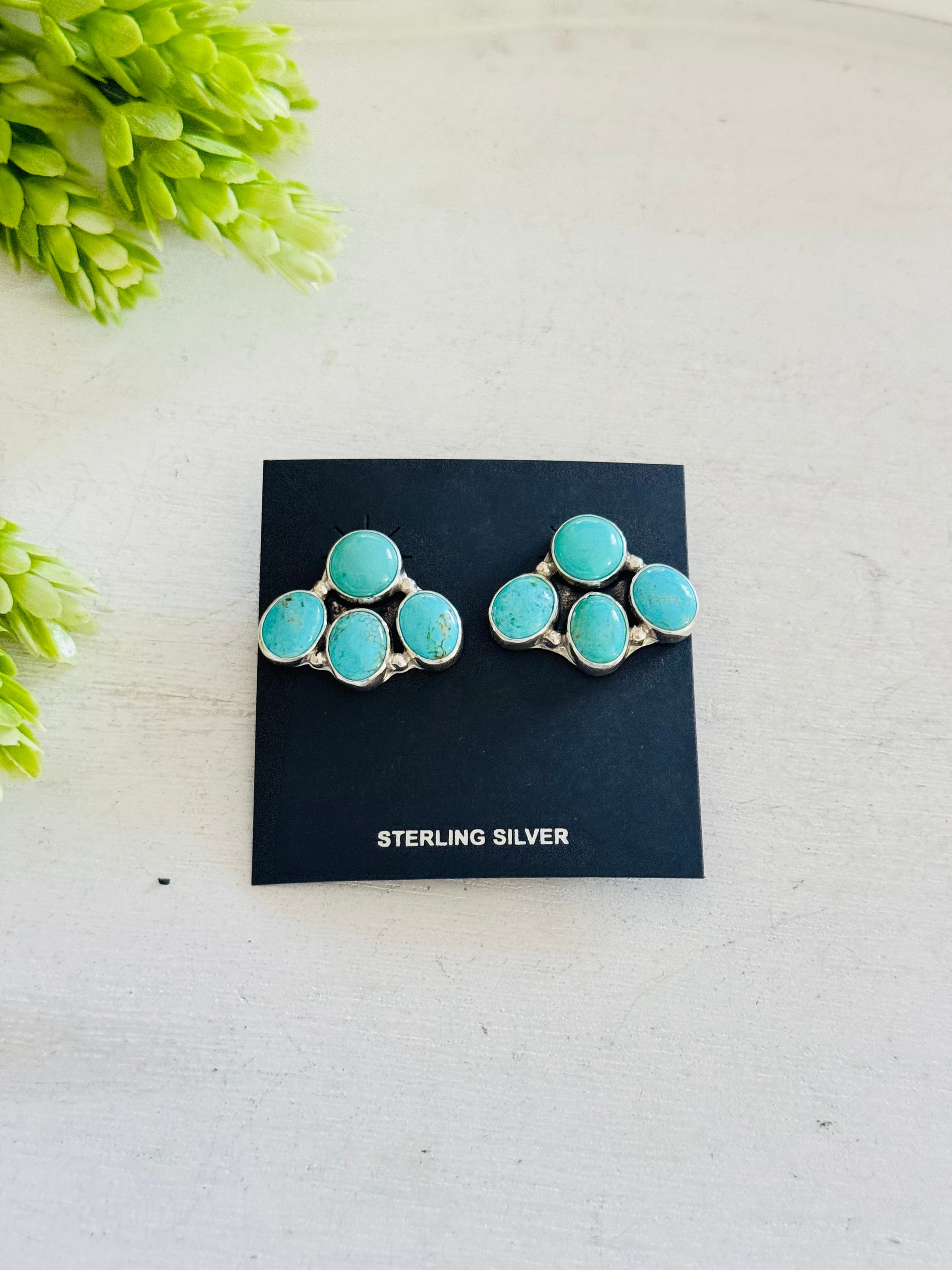 Navajo Made Kingman Turquoise & Sterling Silver Post Cluster Earrings