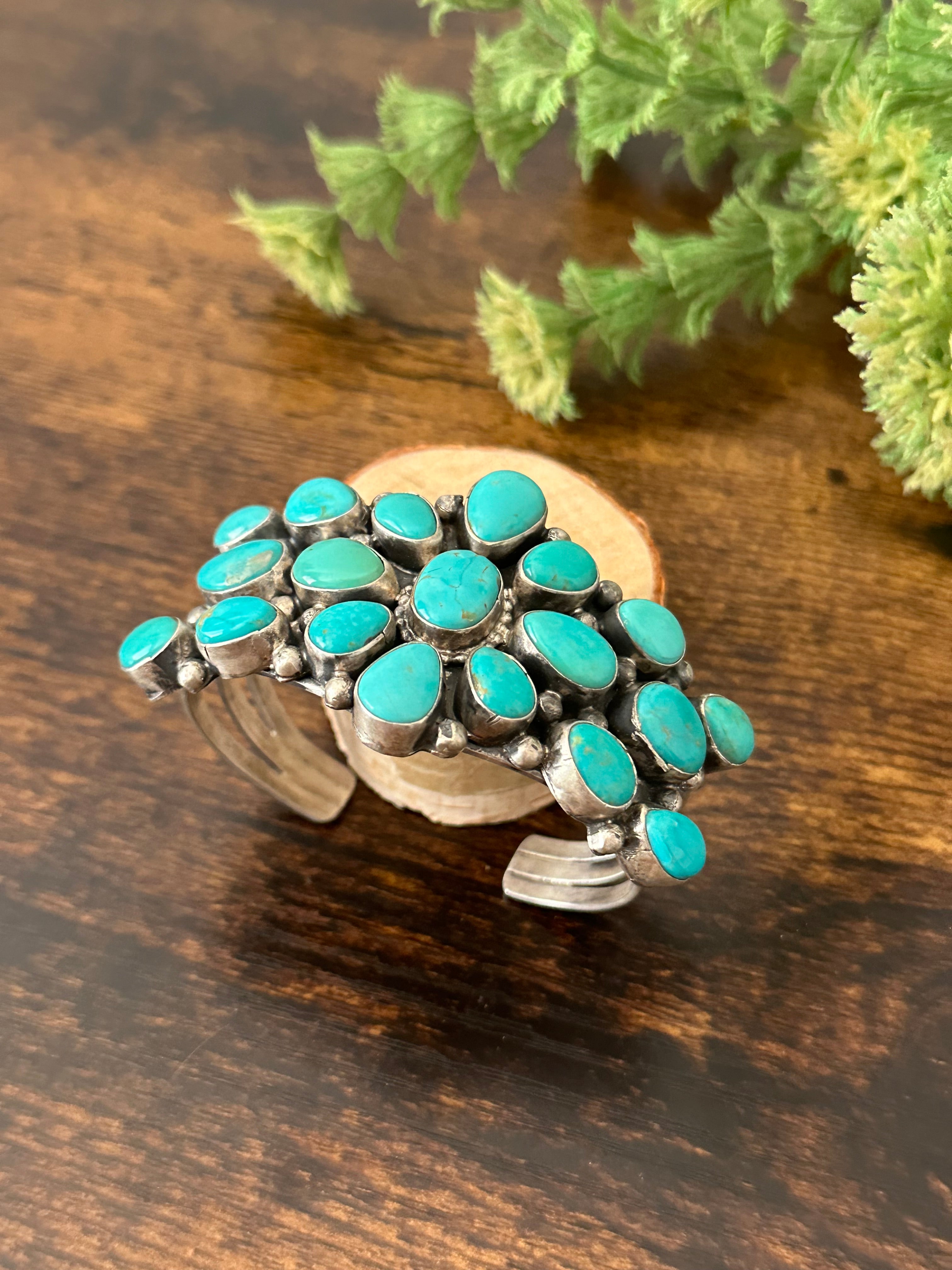 Bobby Johnson Kingman Turquoise & Sterling Silver Cluster Cuff Bracelet