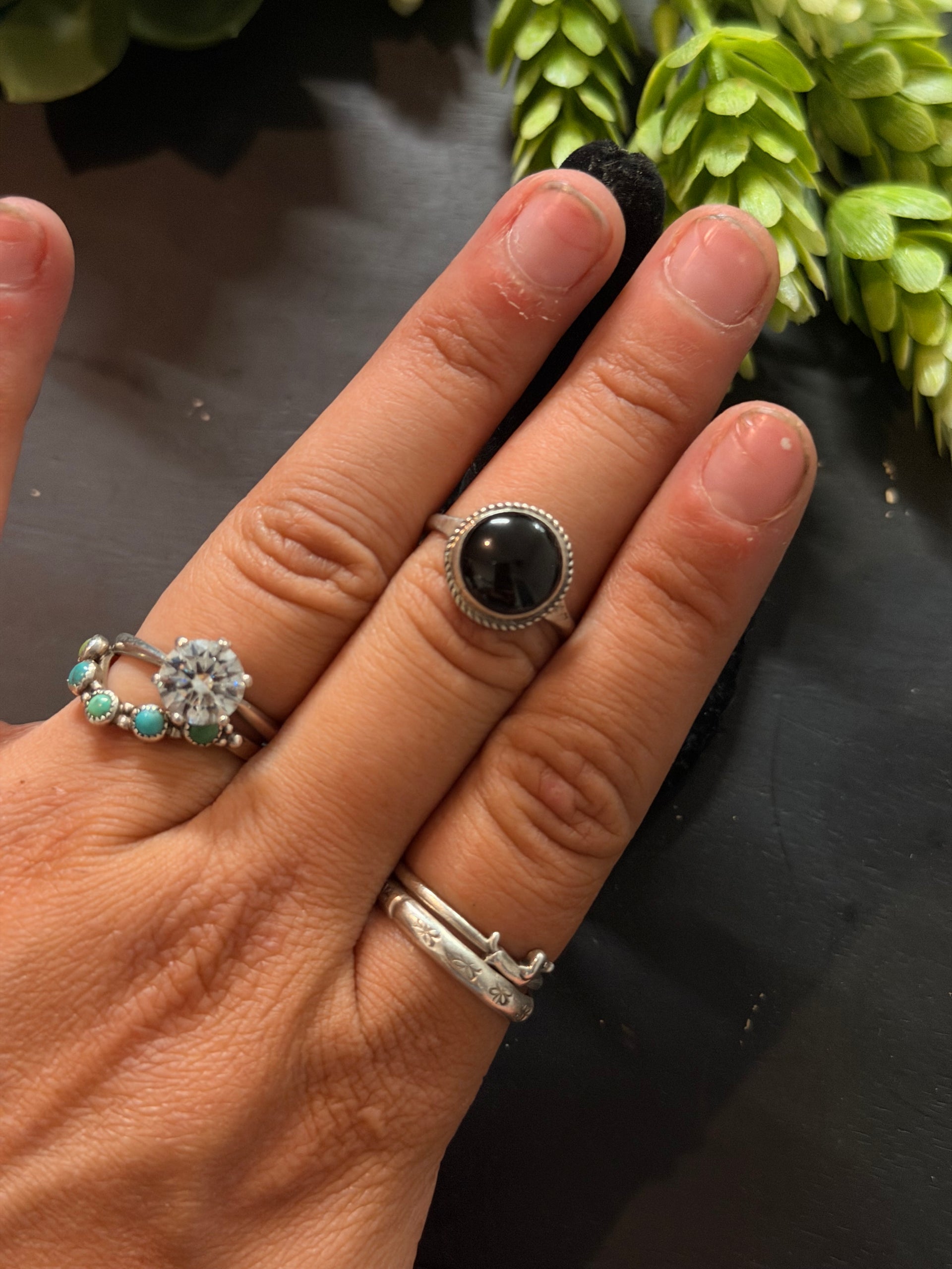 Navajo Made Onyx & Sterling Silver Ring Size 7.25