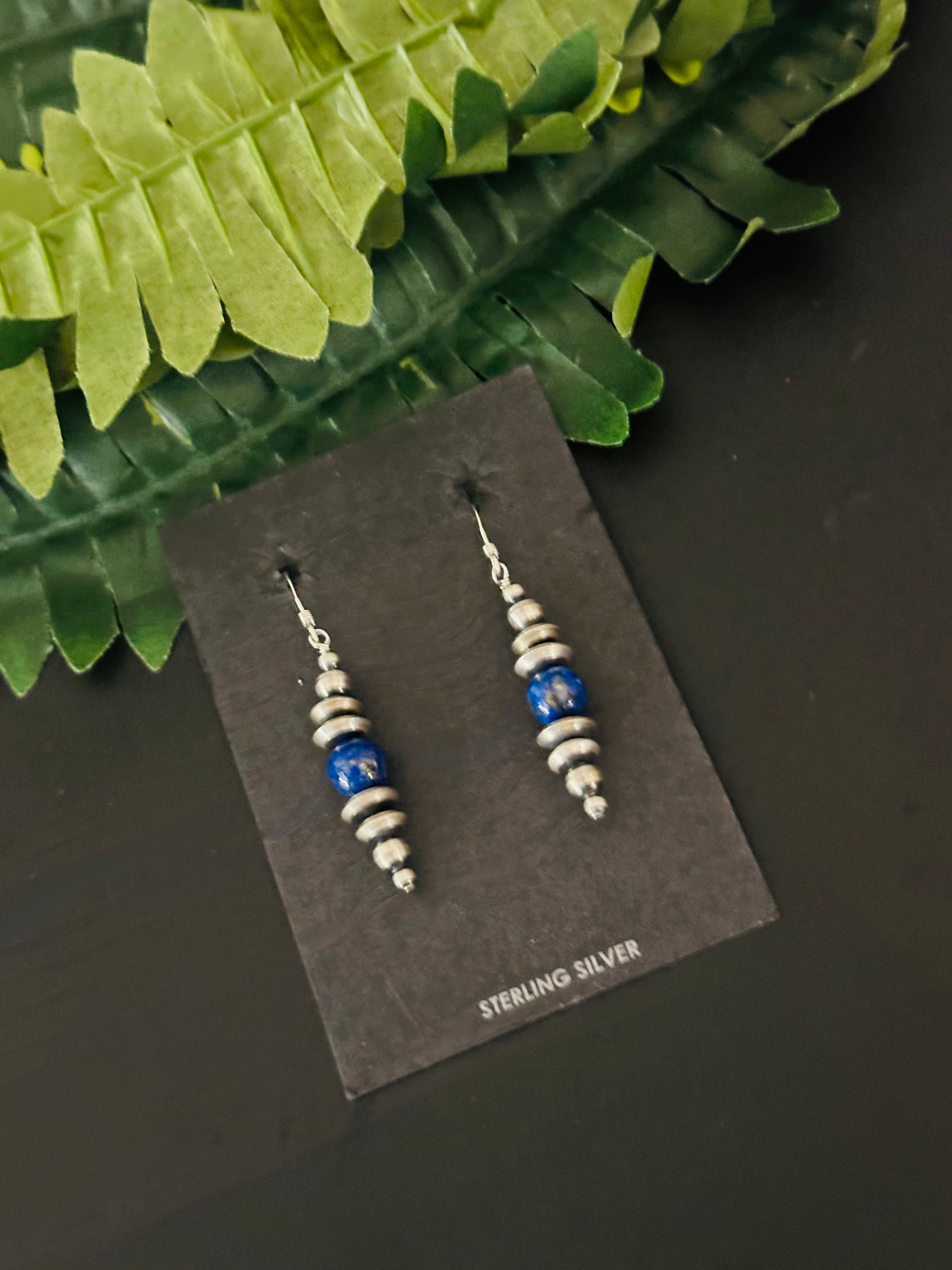 Navajo Strung Lapis & Sterling Silver Graduated Pearls Dangle Earrings