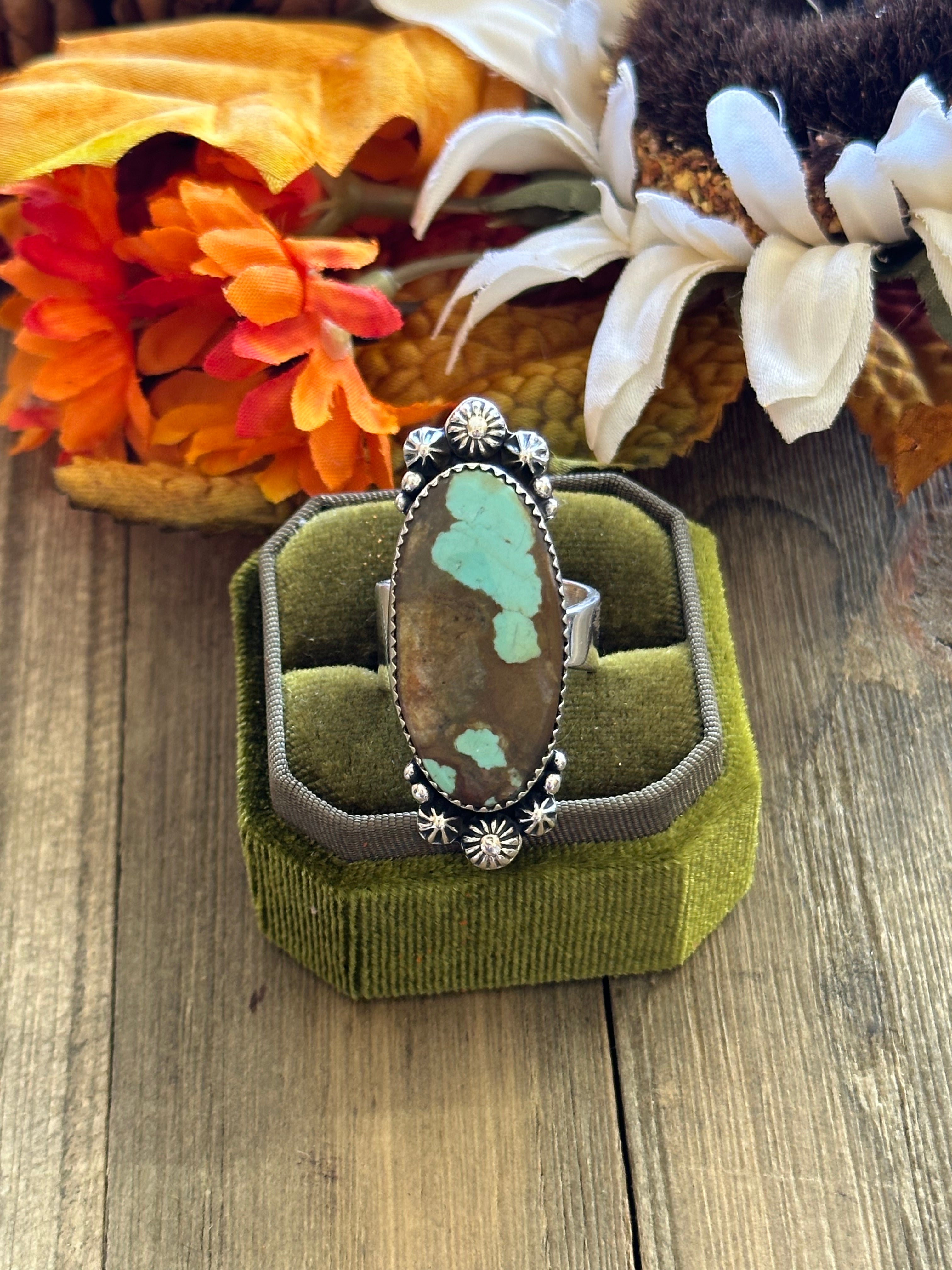 Southwest Handmade #8 Turquoise & Sterling Silver Adjustable Ring