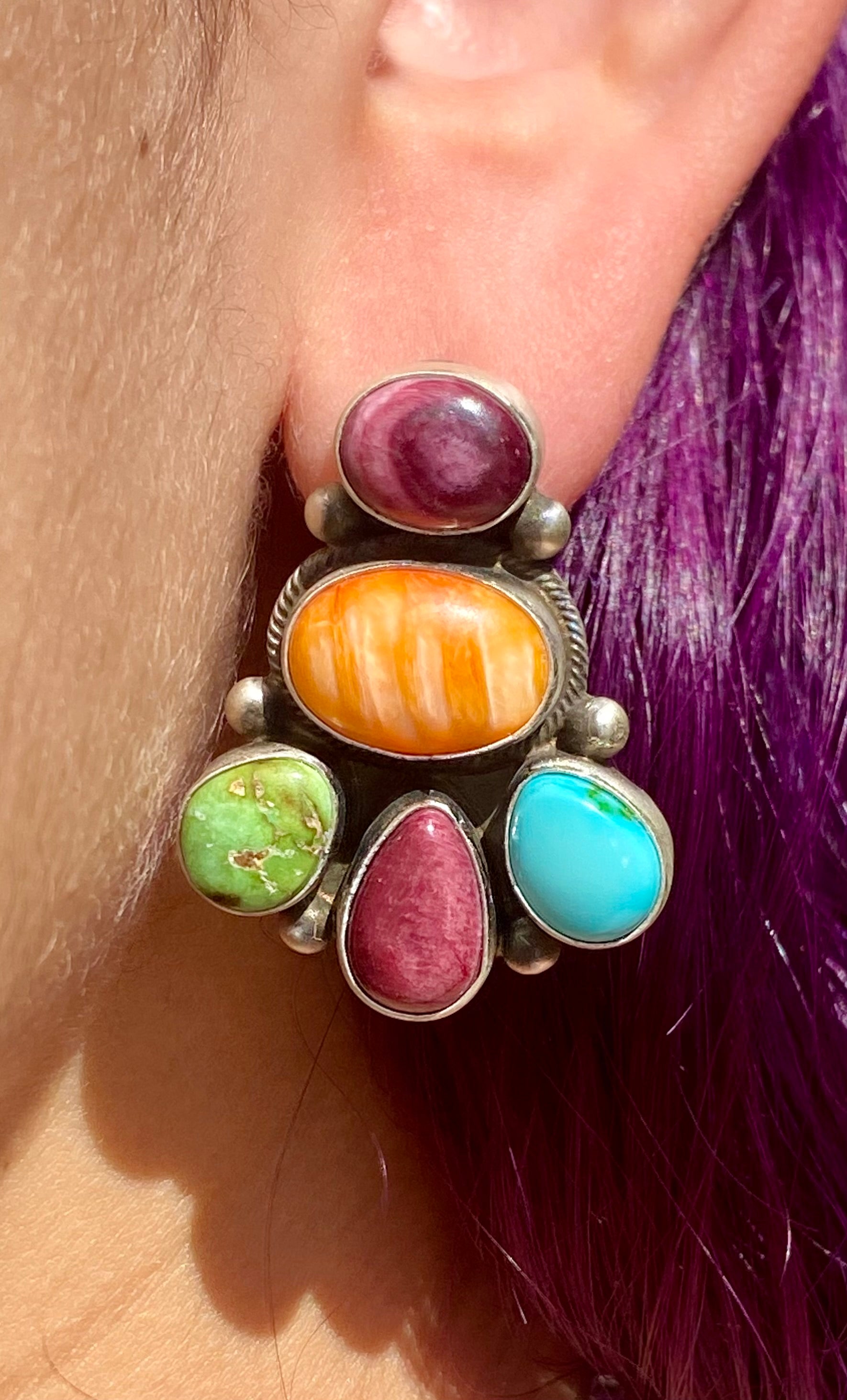 Navajo Handmade Multi Stone & Sterling Silver Post Earrings