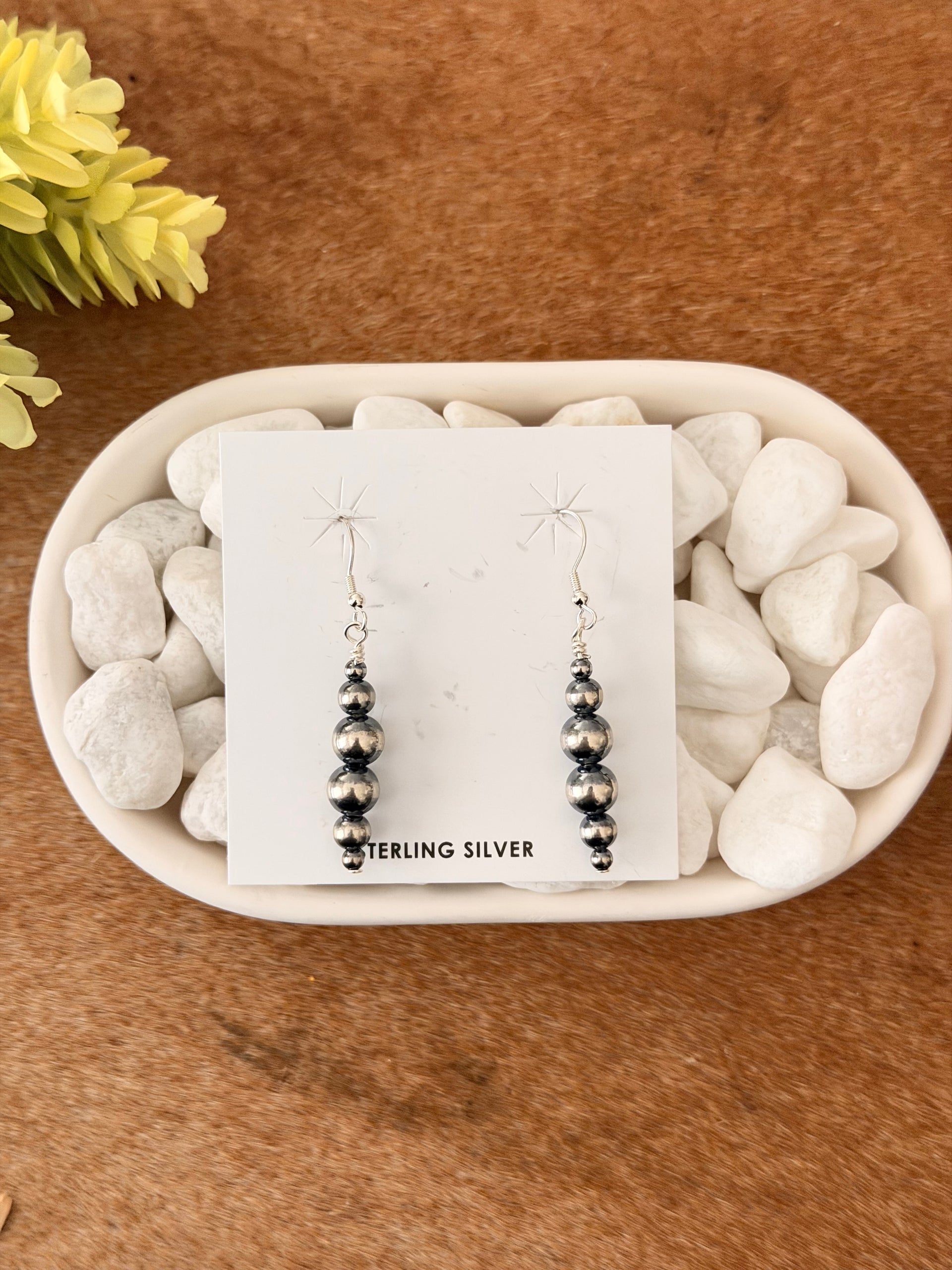 Navajo Strung Machine Made Sterling Silver Graduated Pearl Dangle Earrings