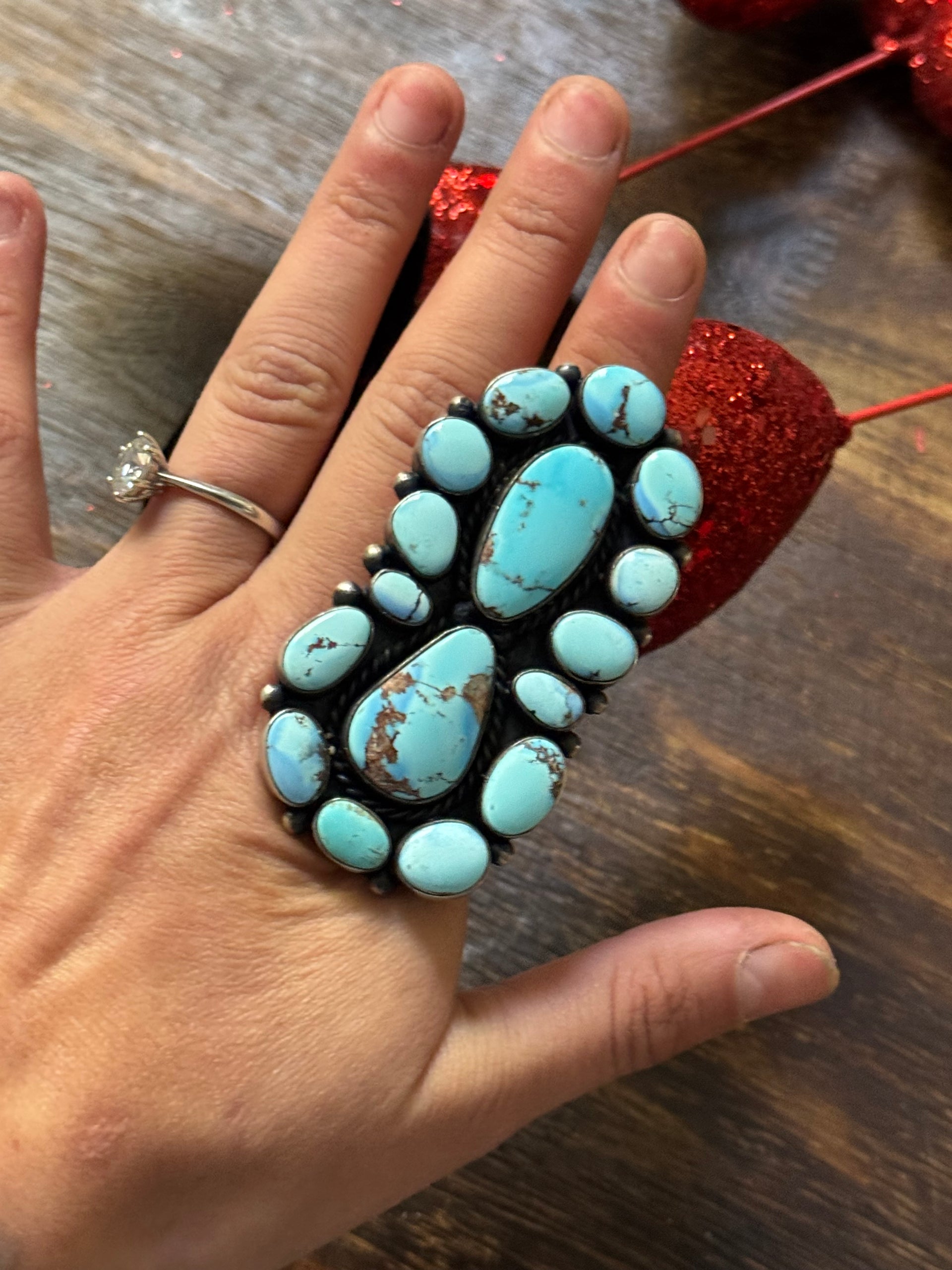 Blaine Yellowhorse Natural Golden Hills Turquoise & Sterling Silver Cluster Ring Size 8