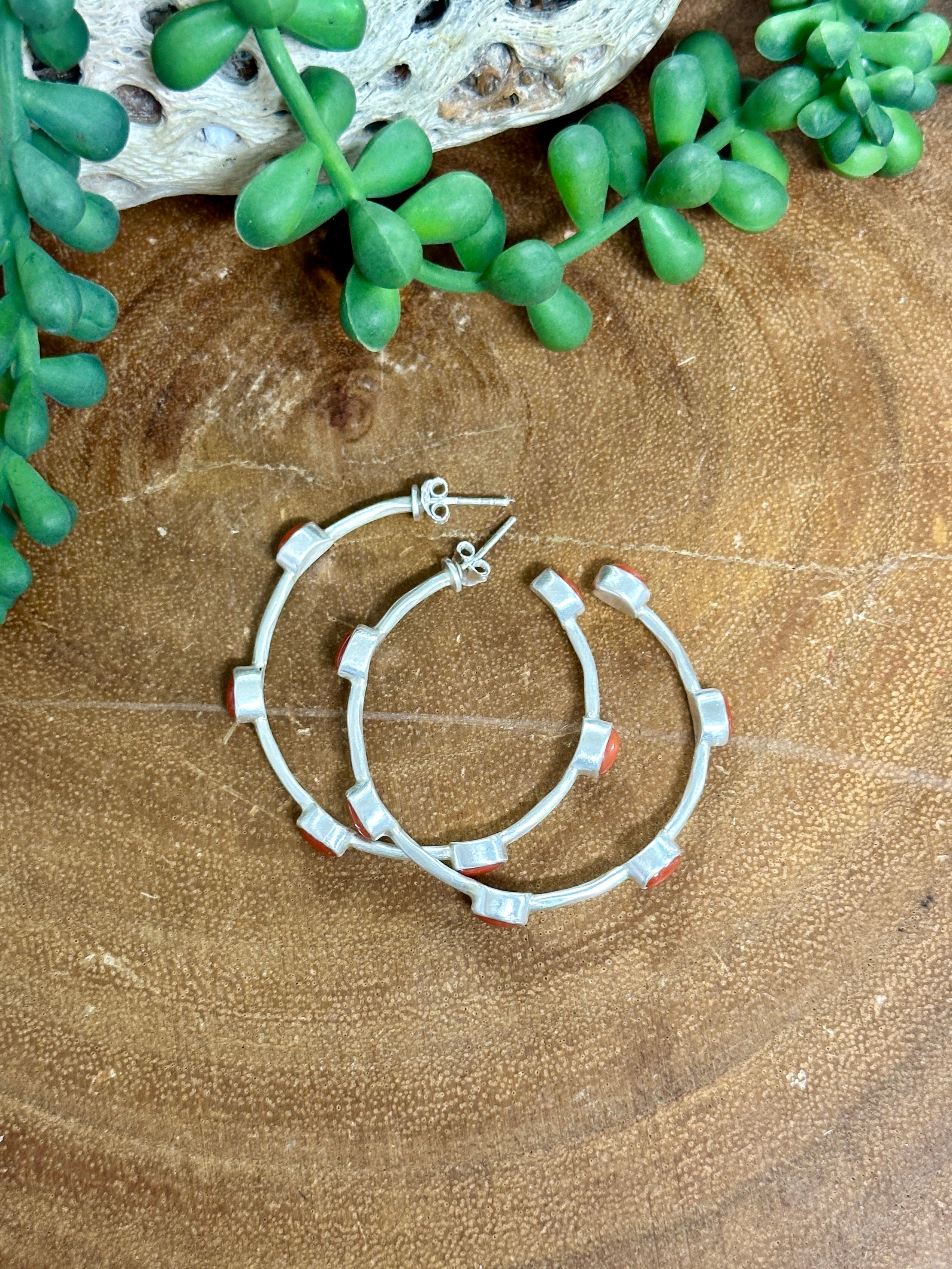 Southwest Handmade Mediterranean Coral & Sterling Silver Hoop Earrings