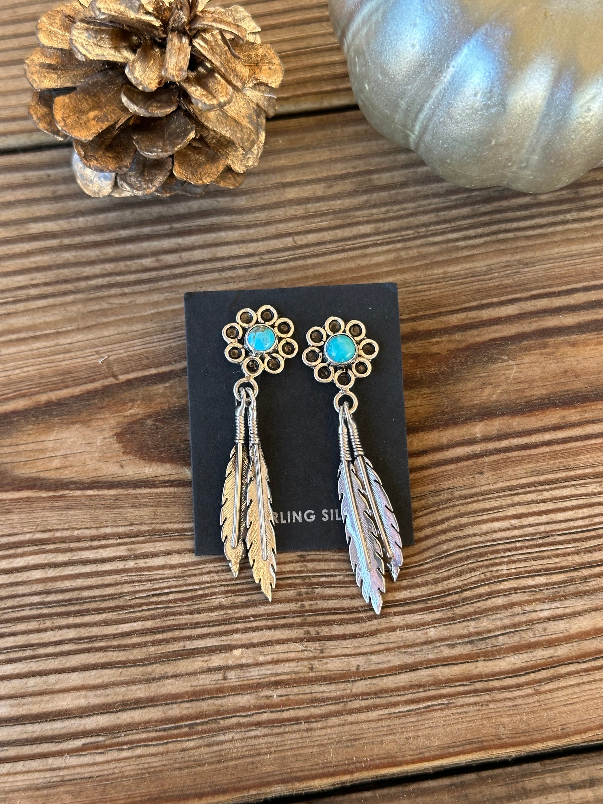 Navajo Made Kingman Turquoise & Sterling Silver Post Dangle Earrings