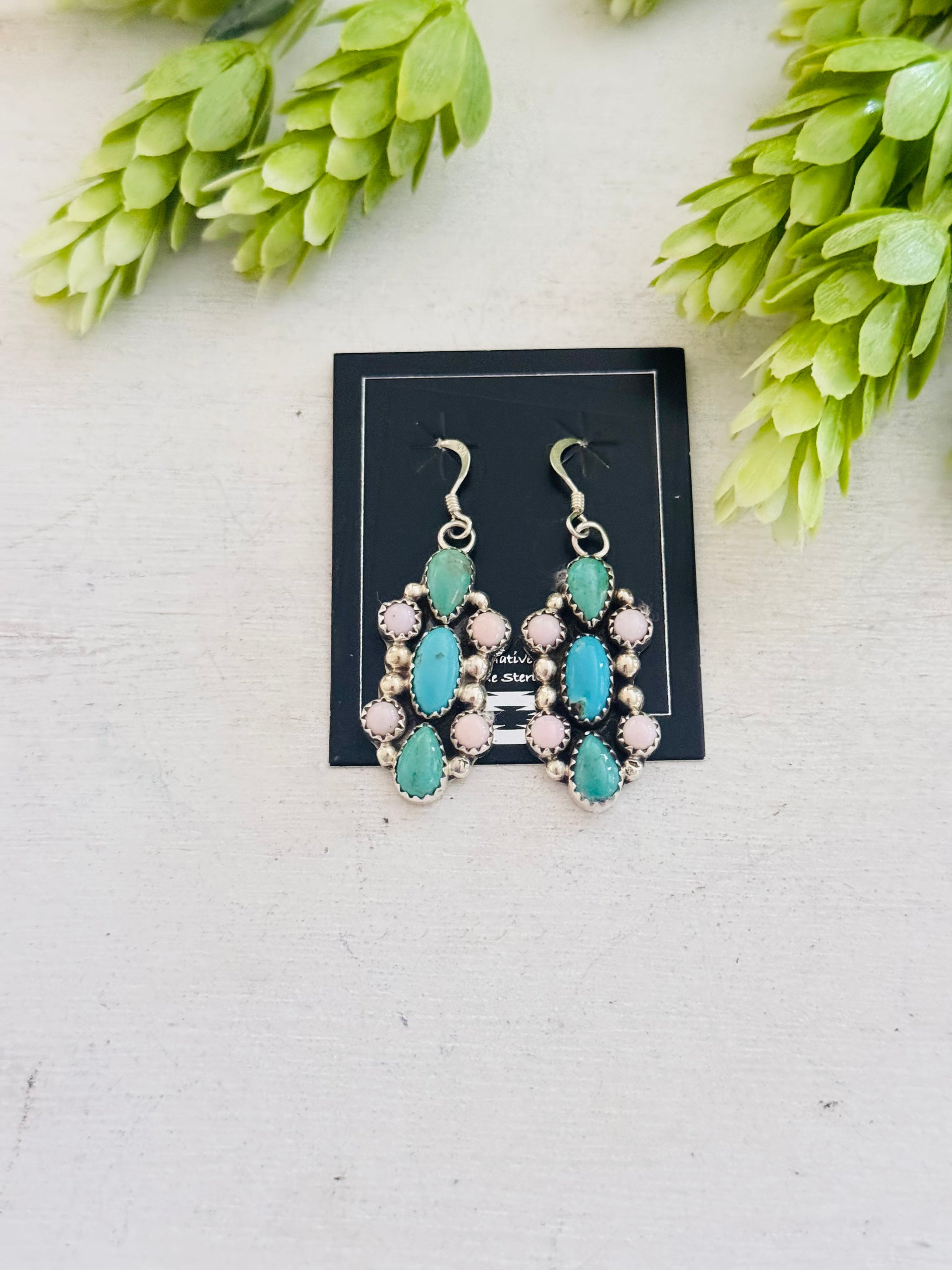 Navajo Made Multi Stone & Sterling Silver Dangle Cluster Earrings