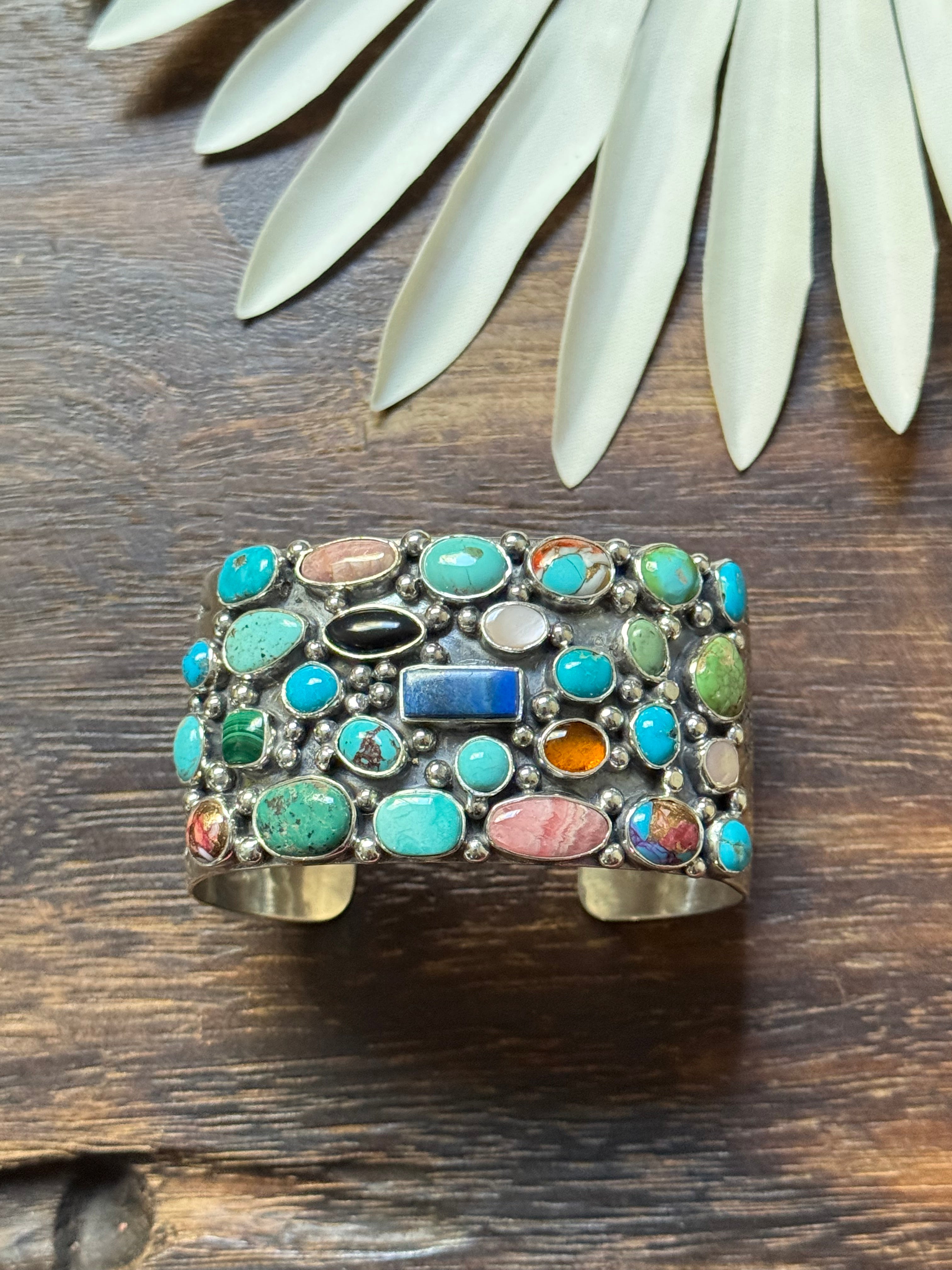 Larry Kaye Multi Stone & Sterling Silver Cluster Cuff Bracelet