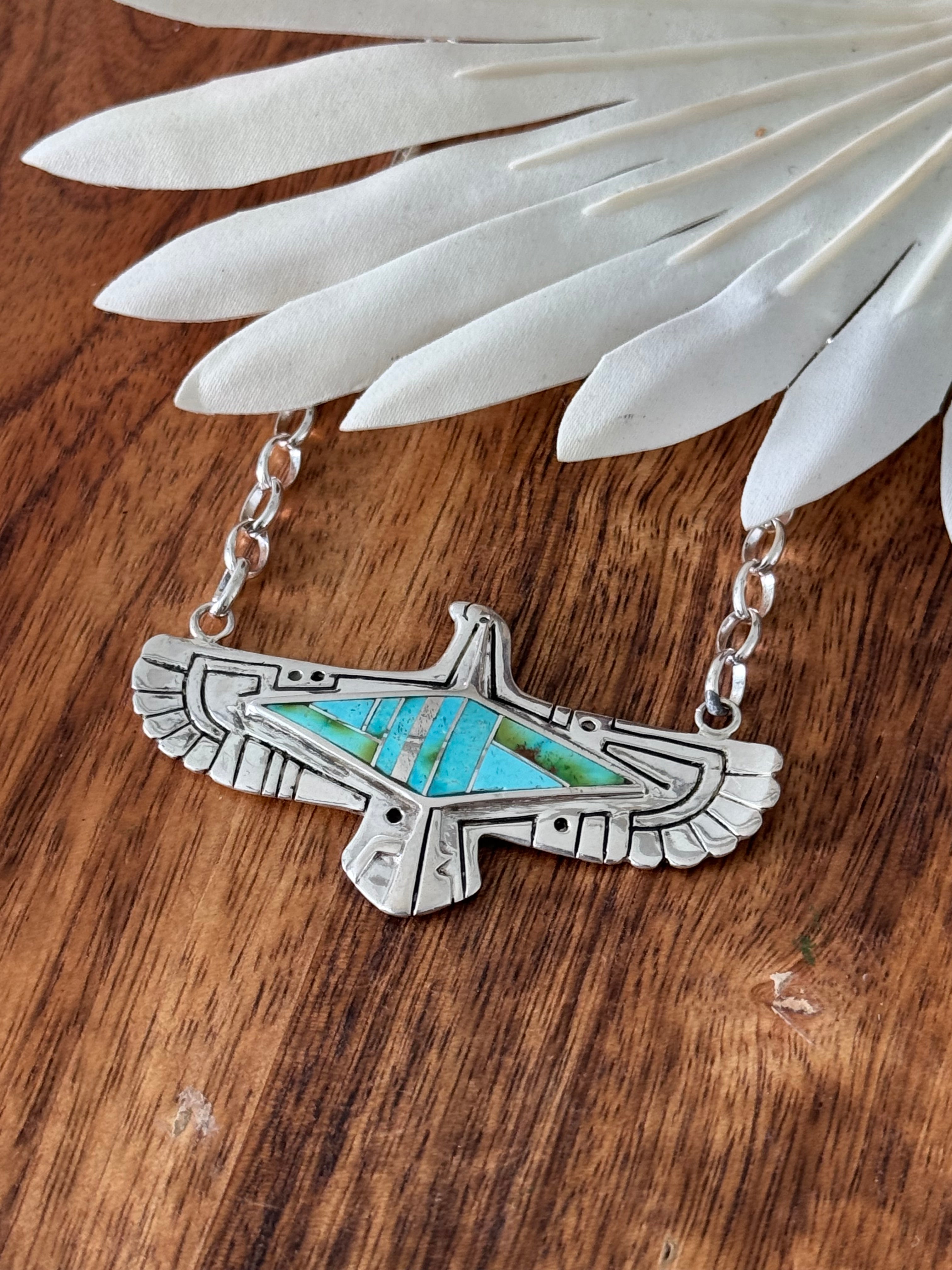 Navajo Made Sonoran Mountain Turquoise & Sterling Silver Inlay Thunderbird Necklace