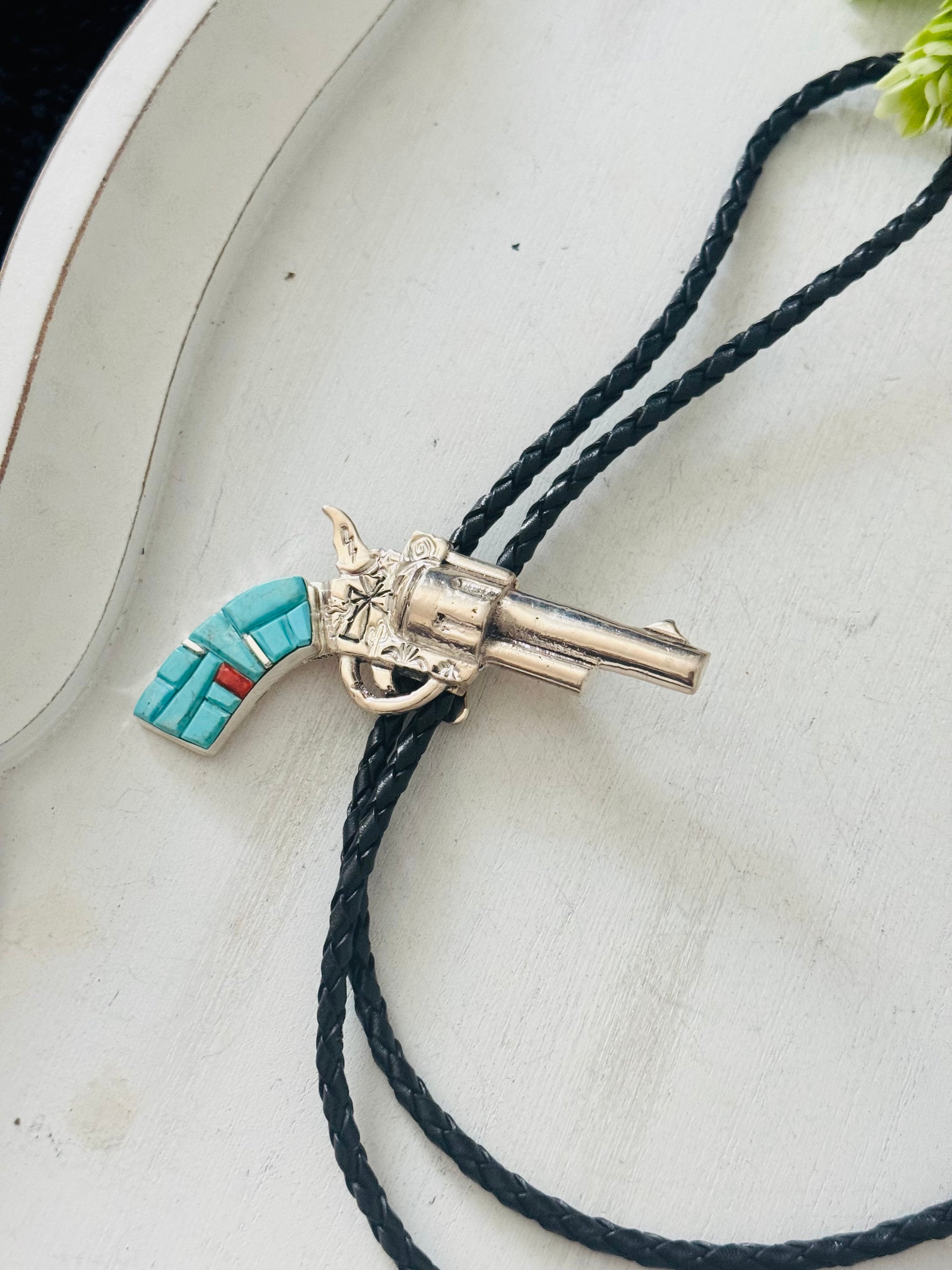 Bobby Mannelito Multi Stone & Sterling Silver Pistol Cobblestone Bolo Tie