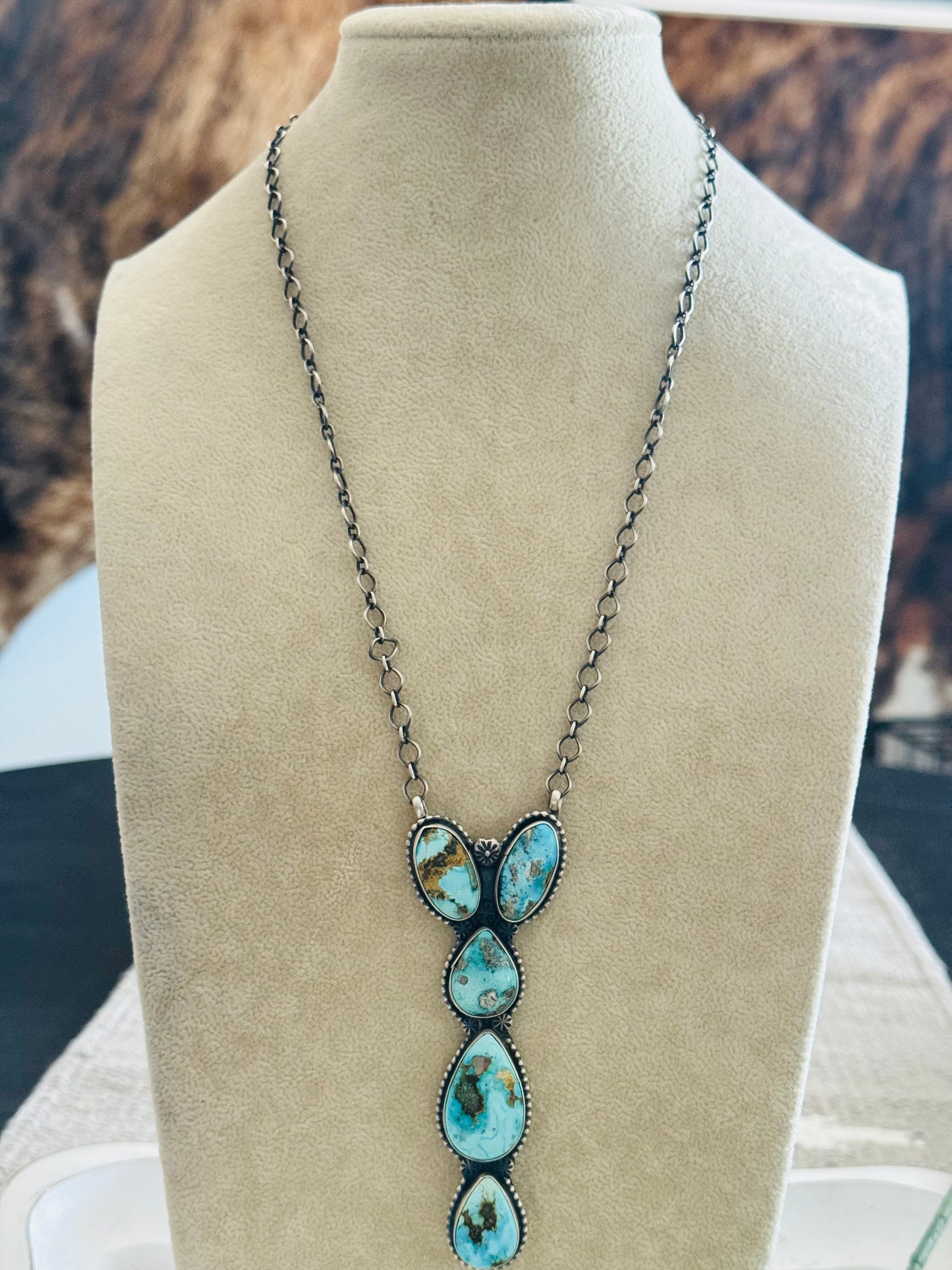 Navajo Made Royston Turquoise & Sterling Silver Cluster Necklace