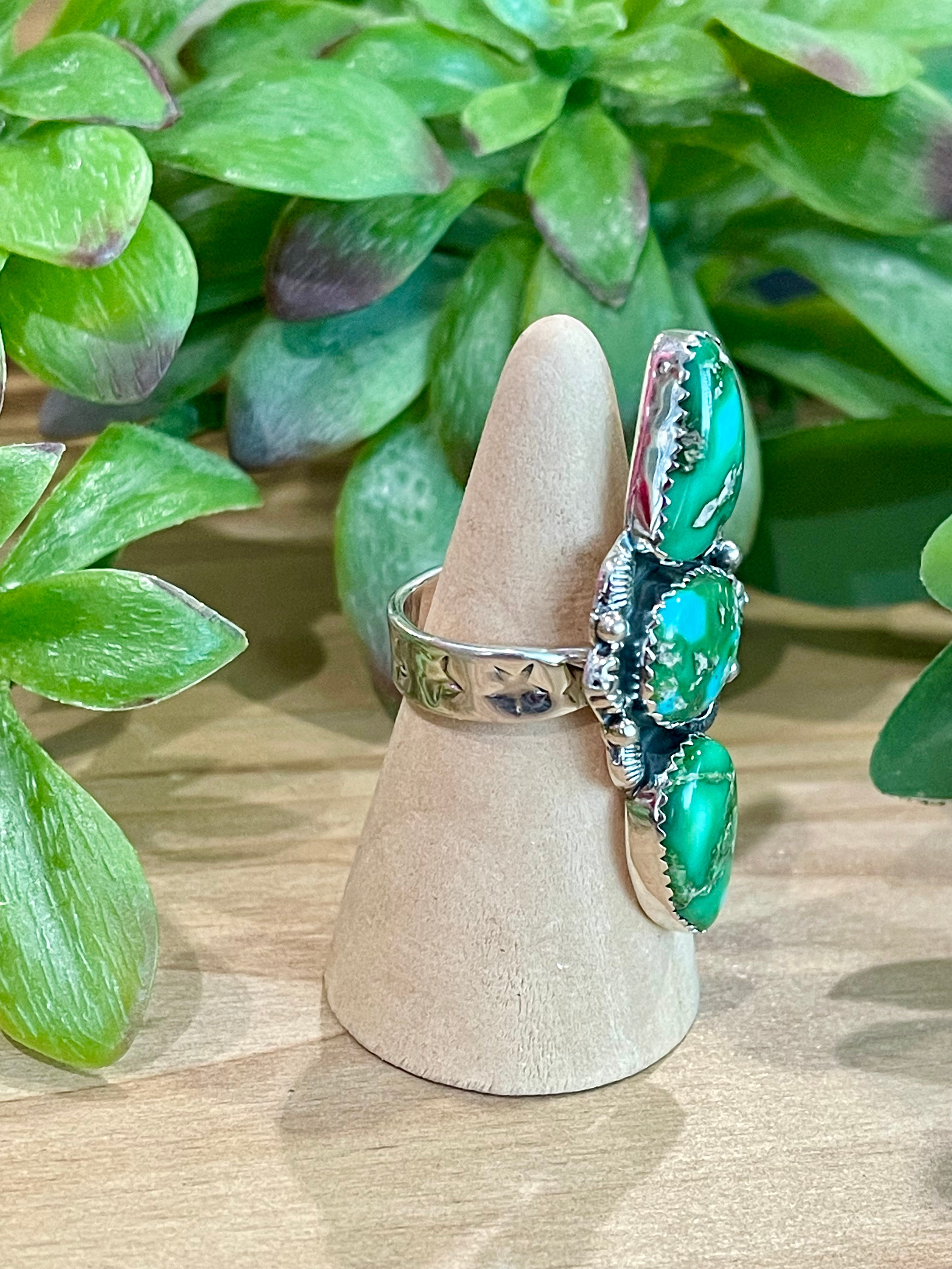 Southwest Handmade Sonoran Mountain Turquoise & Sterling Silver 3 Stone Adjustable Ring