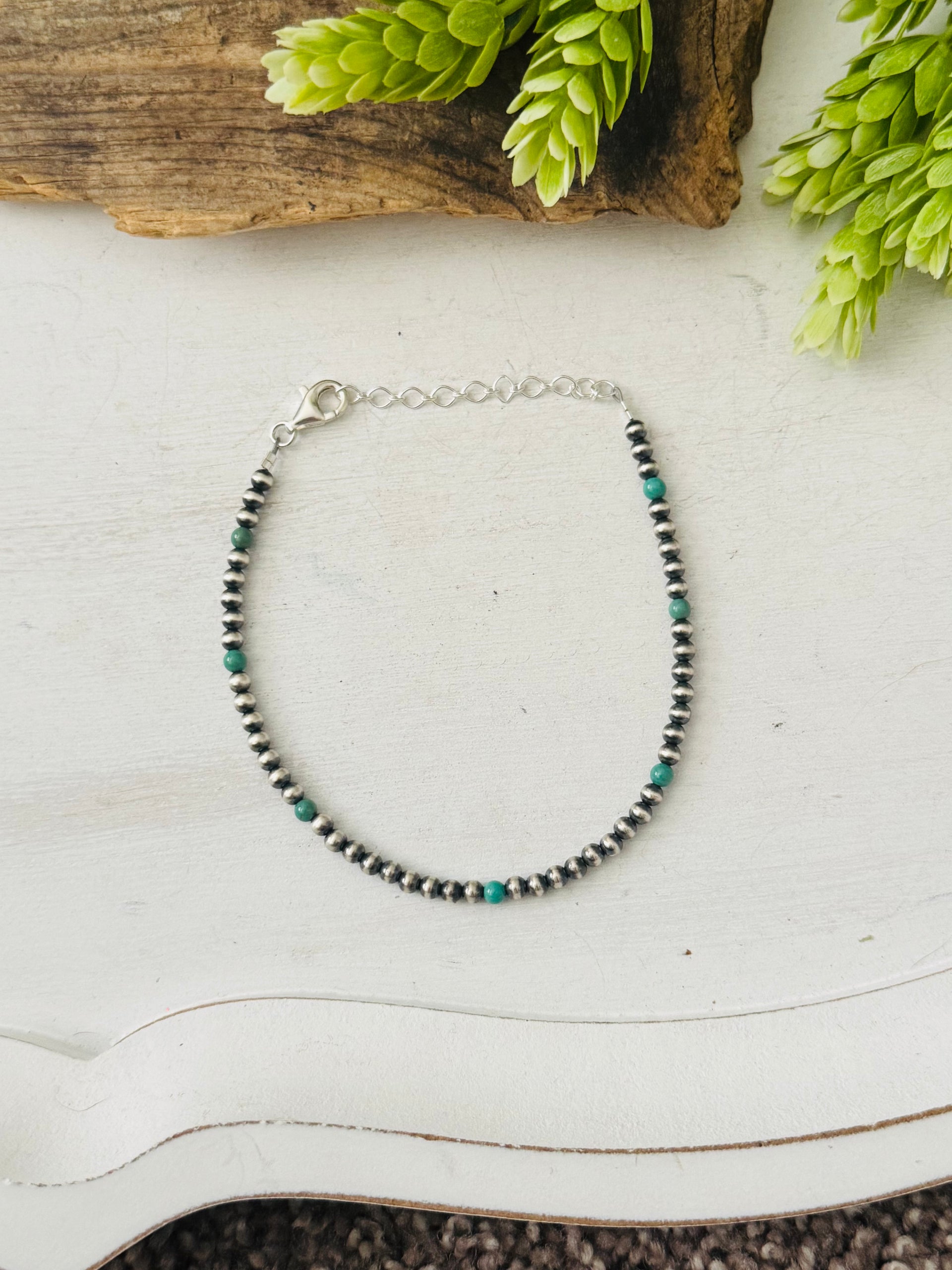 Navajo Made Kingman Turquoise & Sterling Silver Strung Anklet