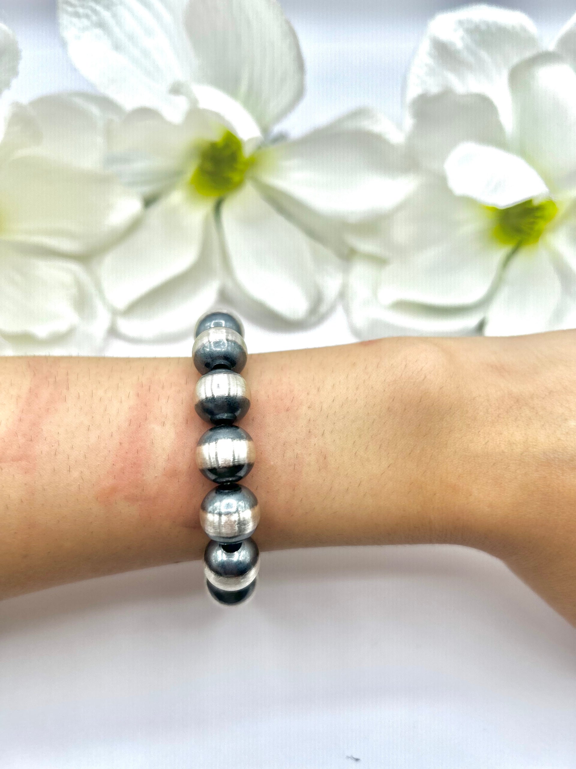 Navajo Made 12 MM Sterling Silver Strung Stretchy Bracelet