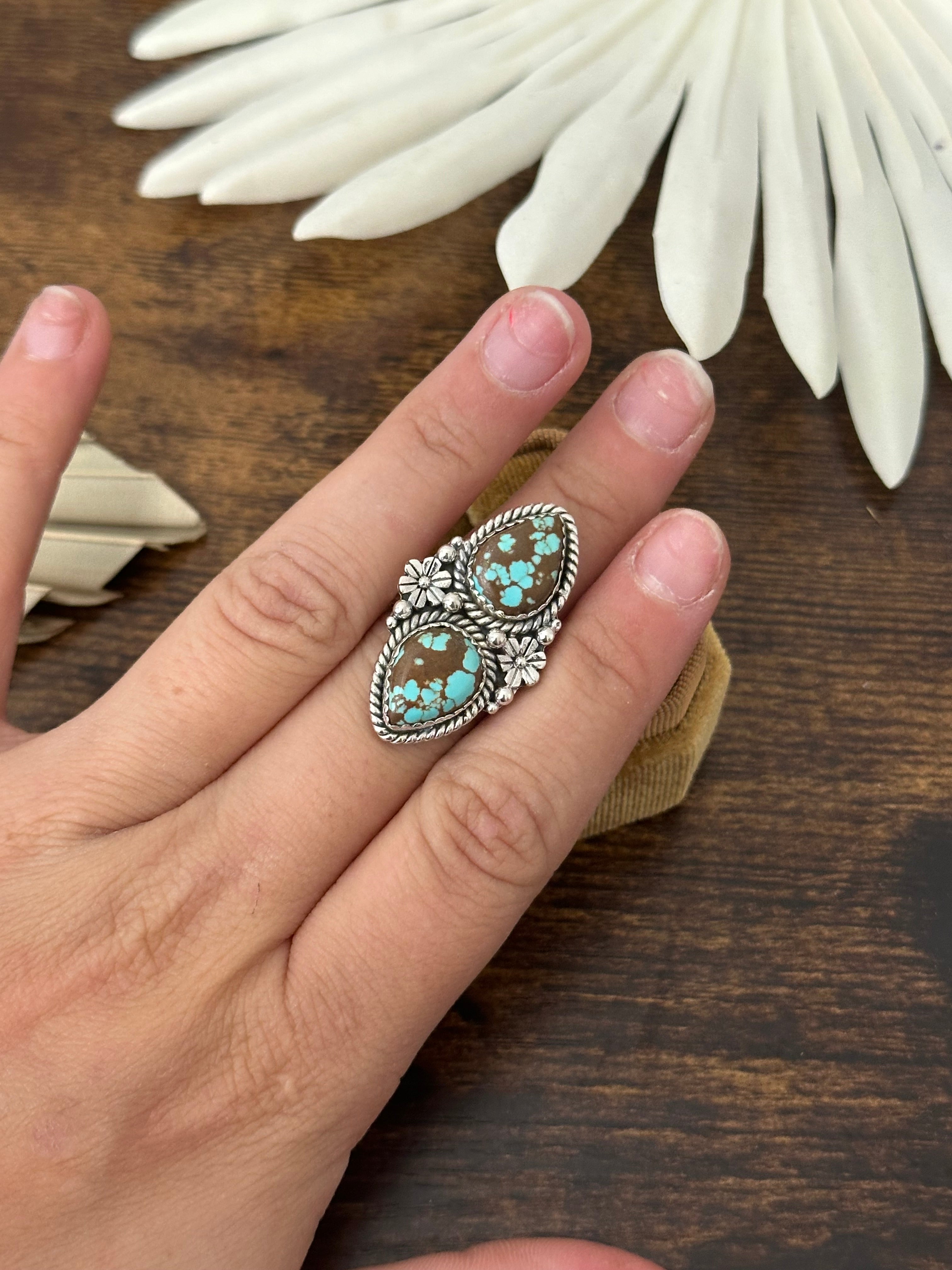 Southwest Handmade #8 Turquoise & Sterling Silver Adjustable Ring