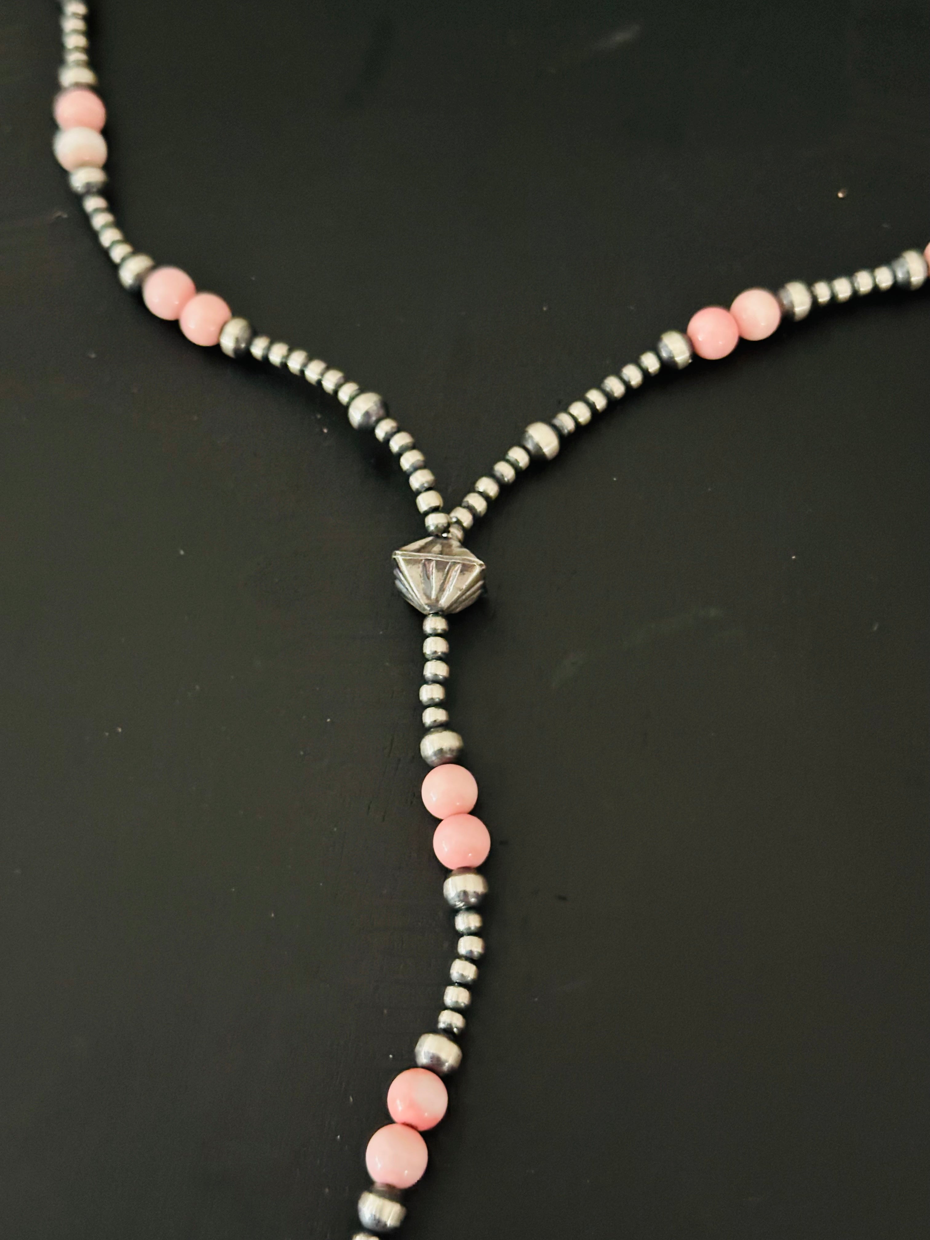 Navajo Strung Pink Conch & Sterling Silver Pearls Beaded Lariat Necklace