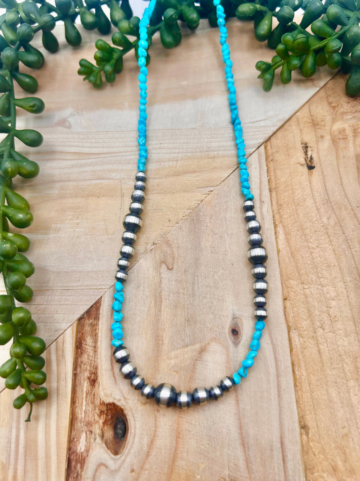 Navajo Made Strung Kingman Turquoise & Sterling Silver Necklace