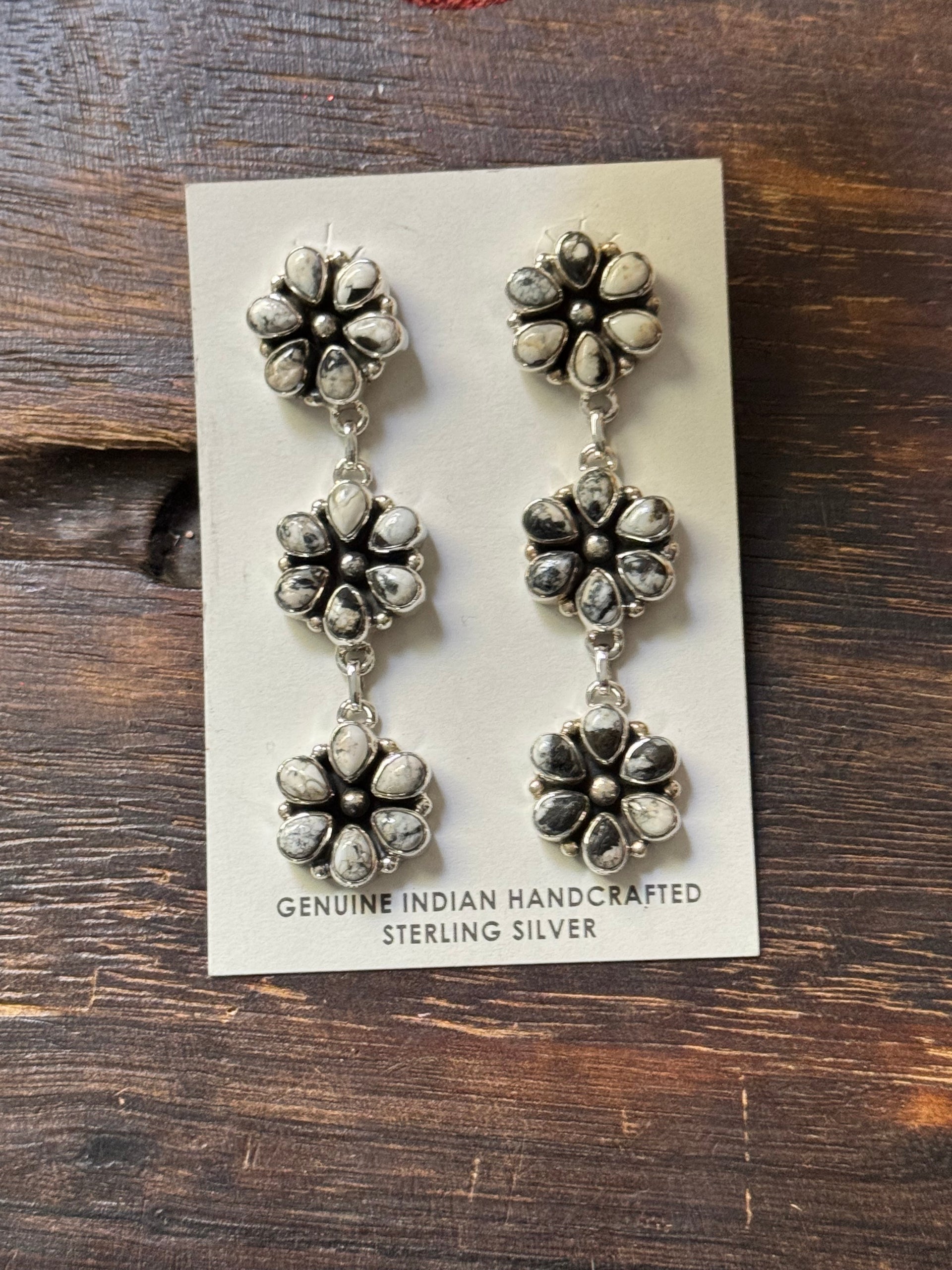 Southwest Handmade White Buffalo & Sterling Silver Post Dangle Cluster Earrings