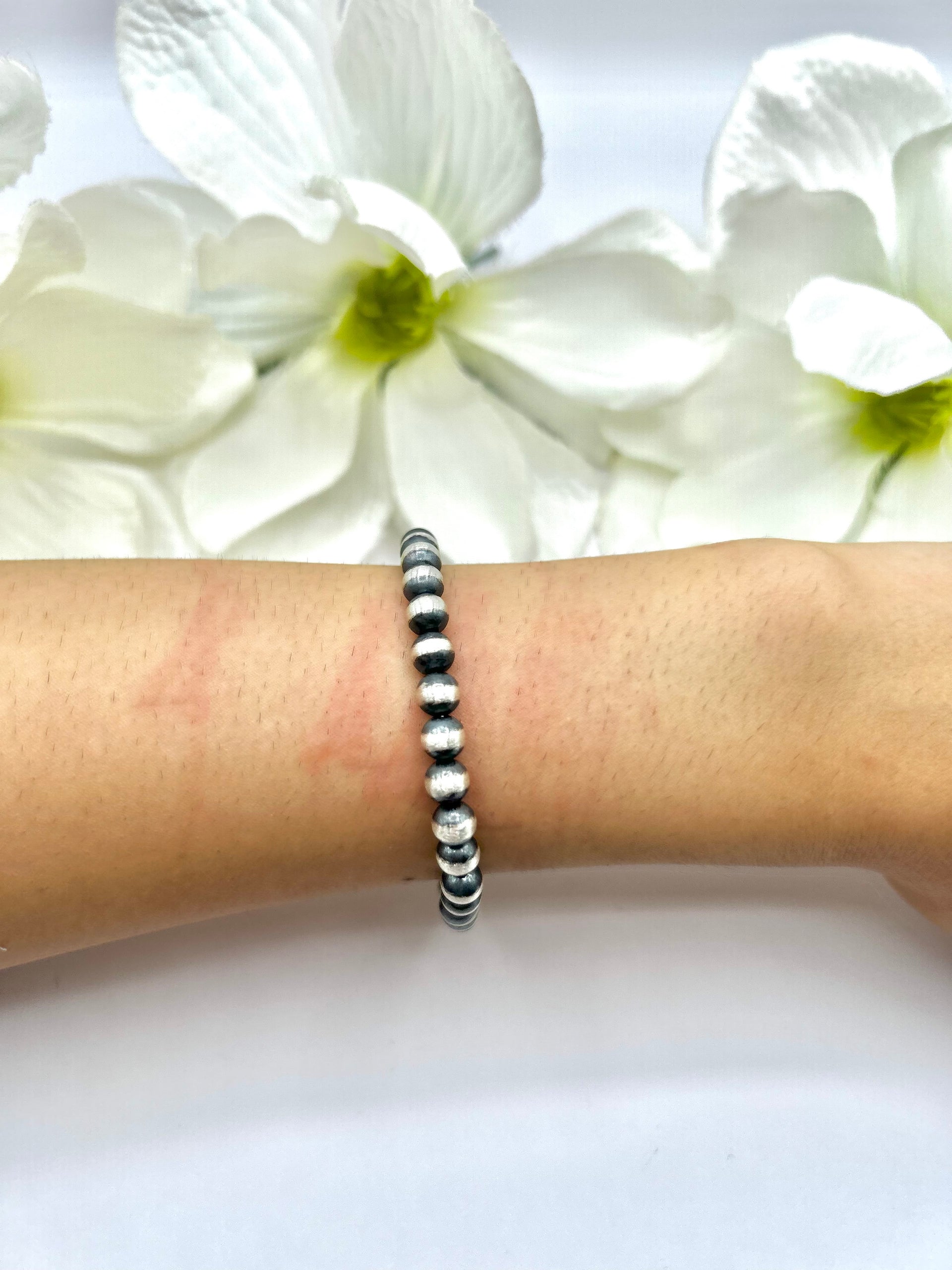 Navajo Made 6 MM Sterling Silver Strung Stretchy Bracelet