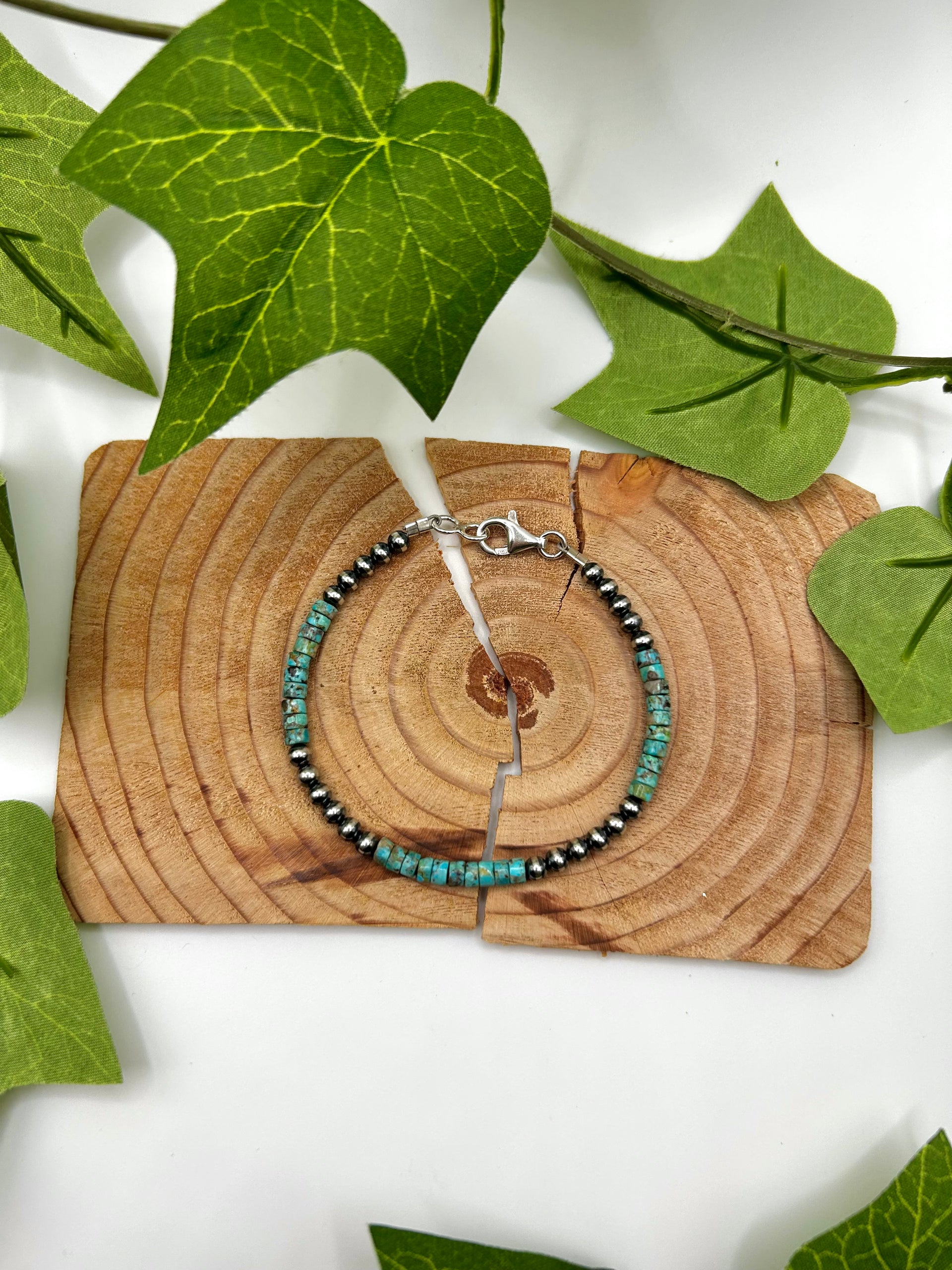 Navajo Made Strung Heshi Turquoise & Sterling Silver Link Bracelet