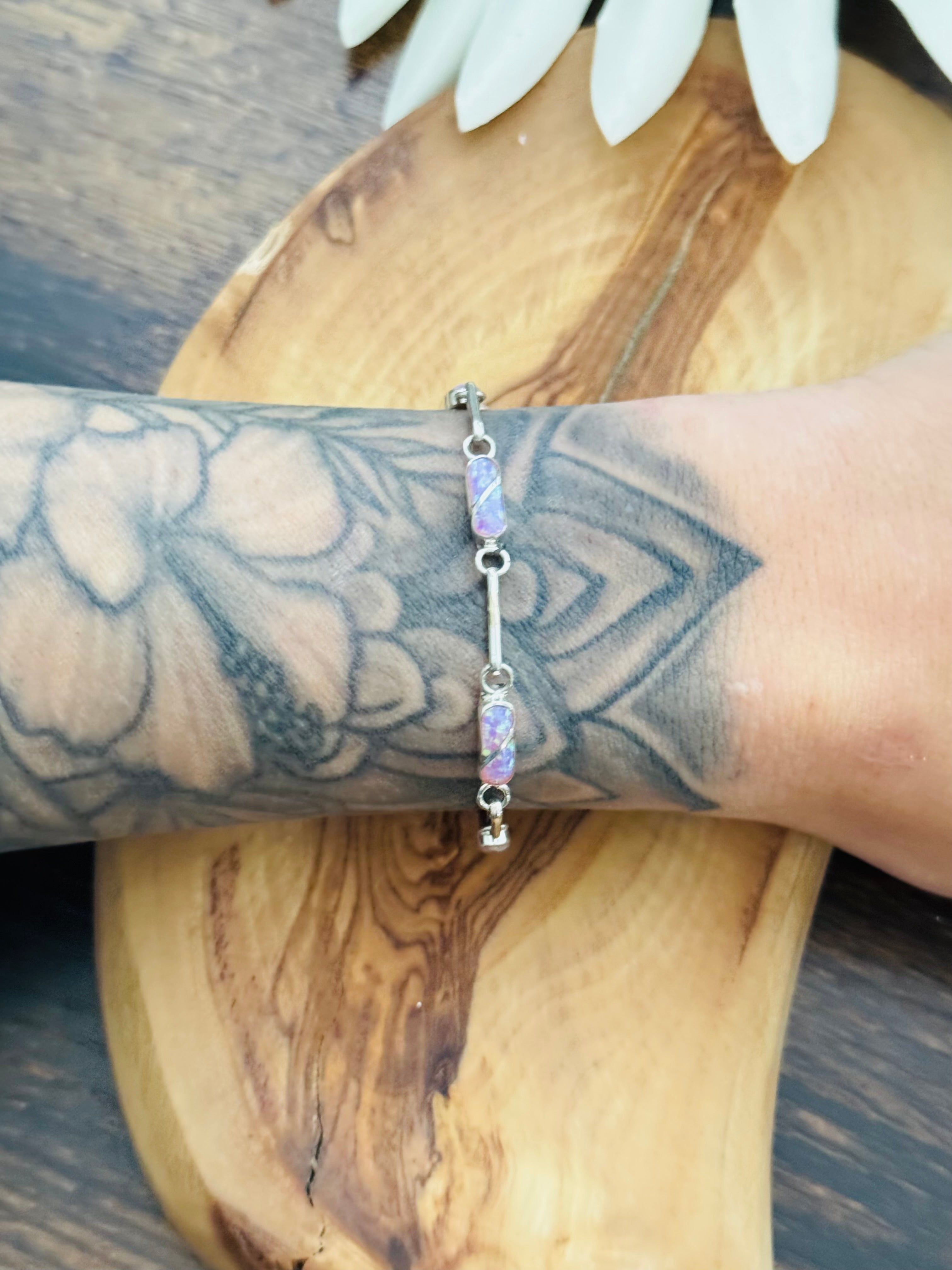 Zuni Made Opal (Man Made) & Sterling Silver Link Bracelet