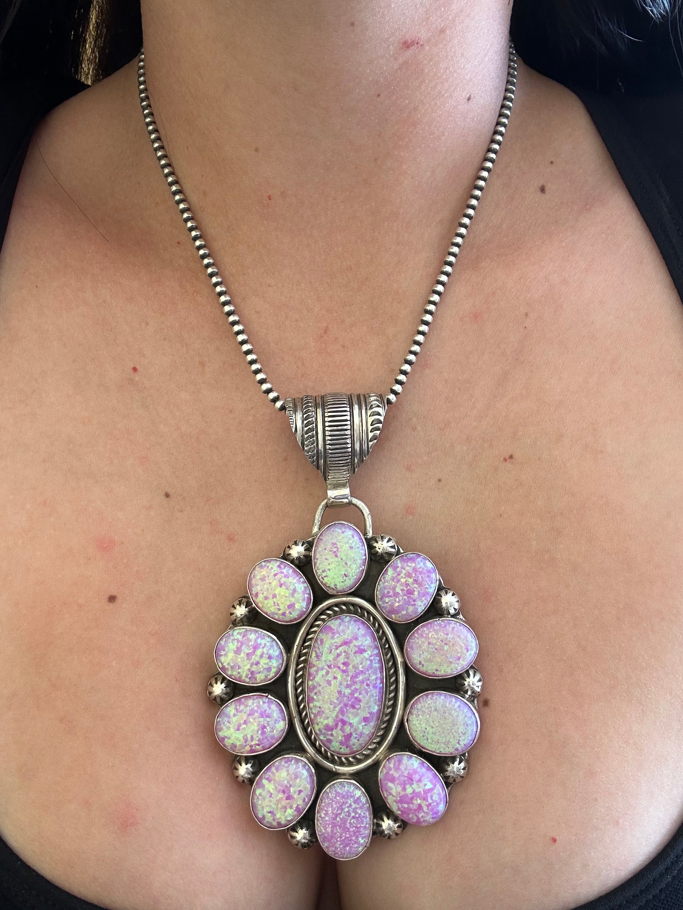 Navajo Made Purple Opal & Sterling Silver Cluster Pendant