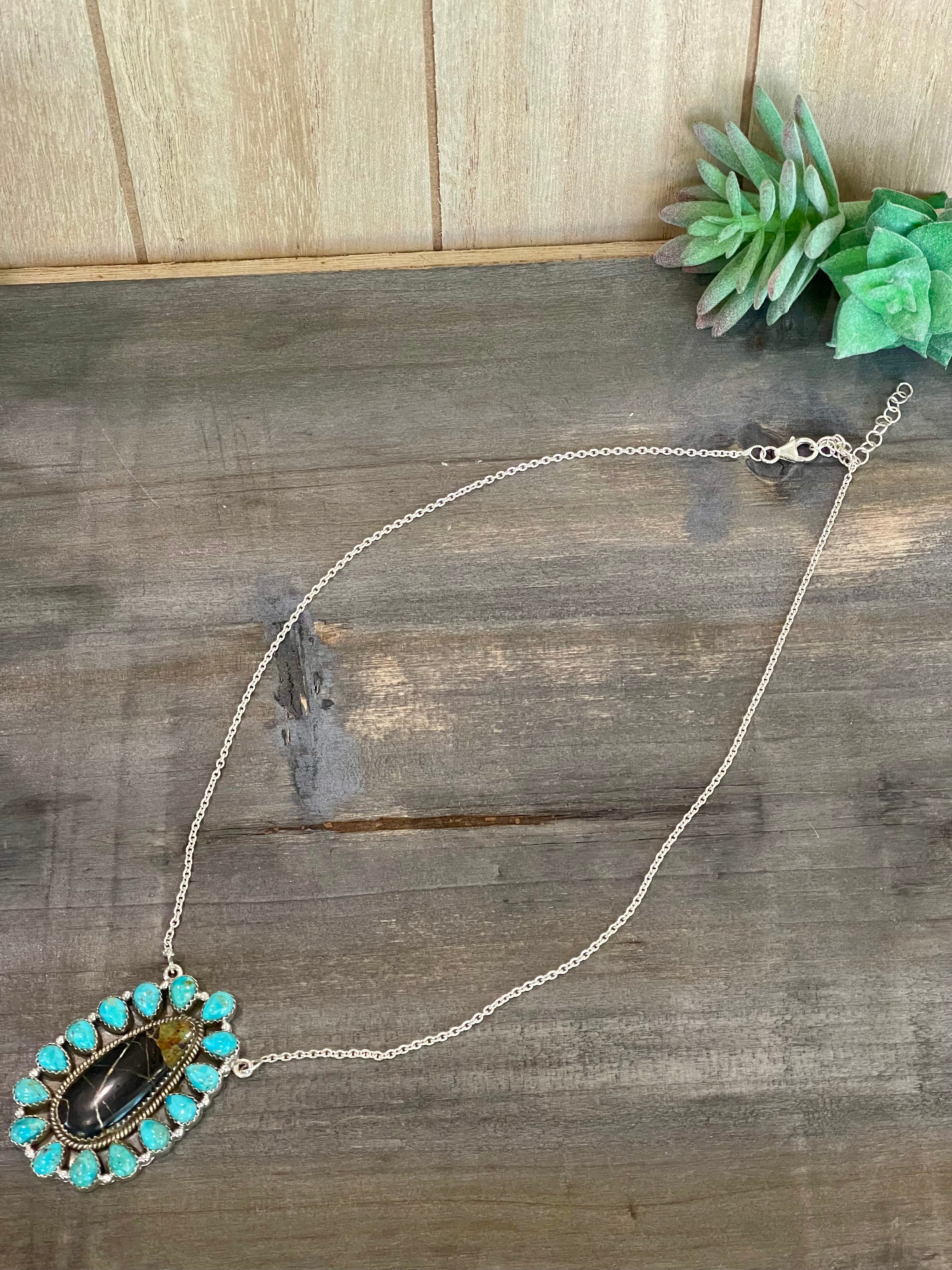 Southwest Handmade BlackJack Turquoise And Kingman Turquoise & Sterling Silver Necklace