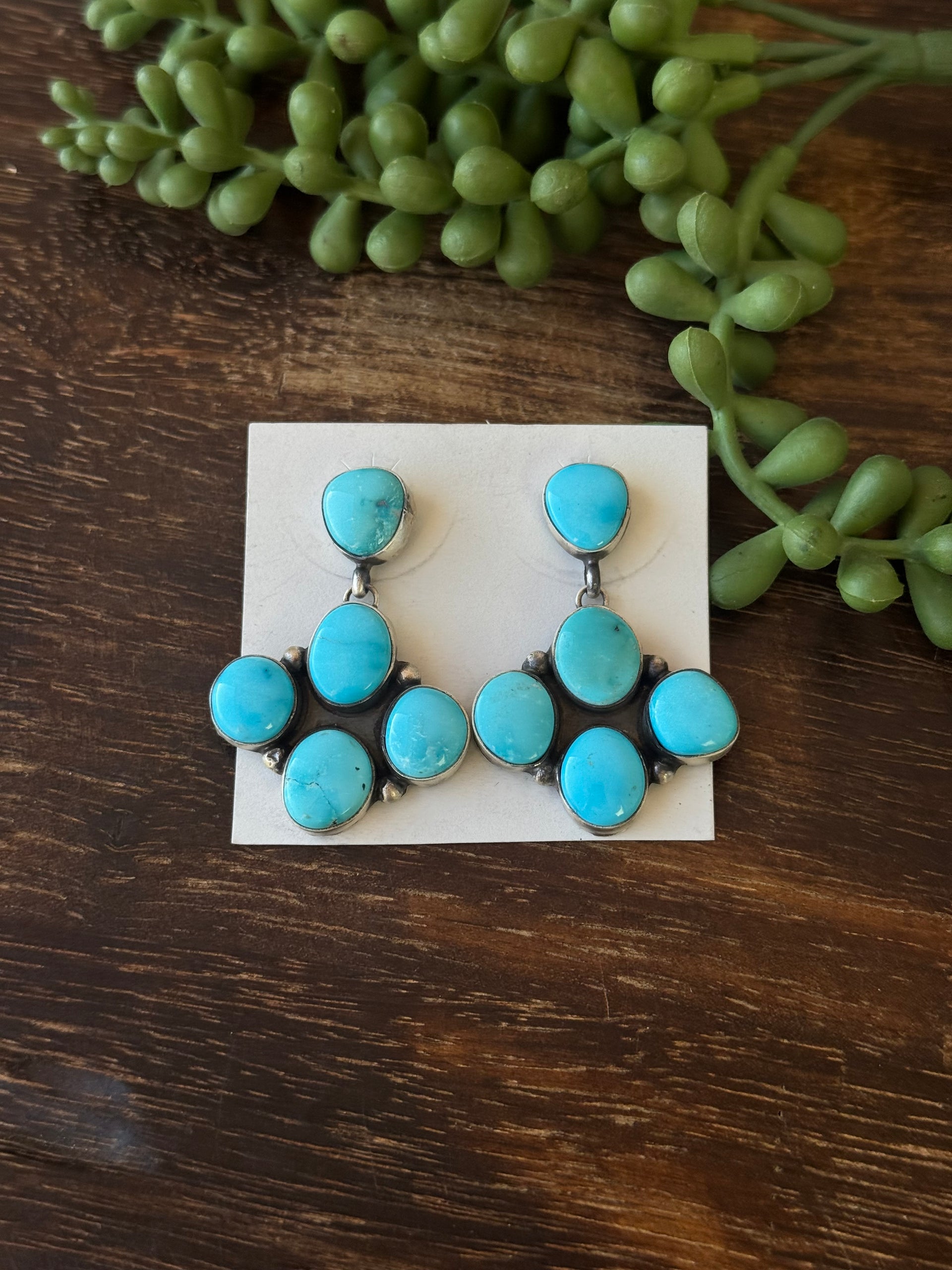 Darrin Livingston Blue Ridge Turquoise & Sterling Silver Post Dangle Cluster Earrings