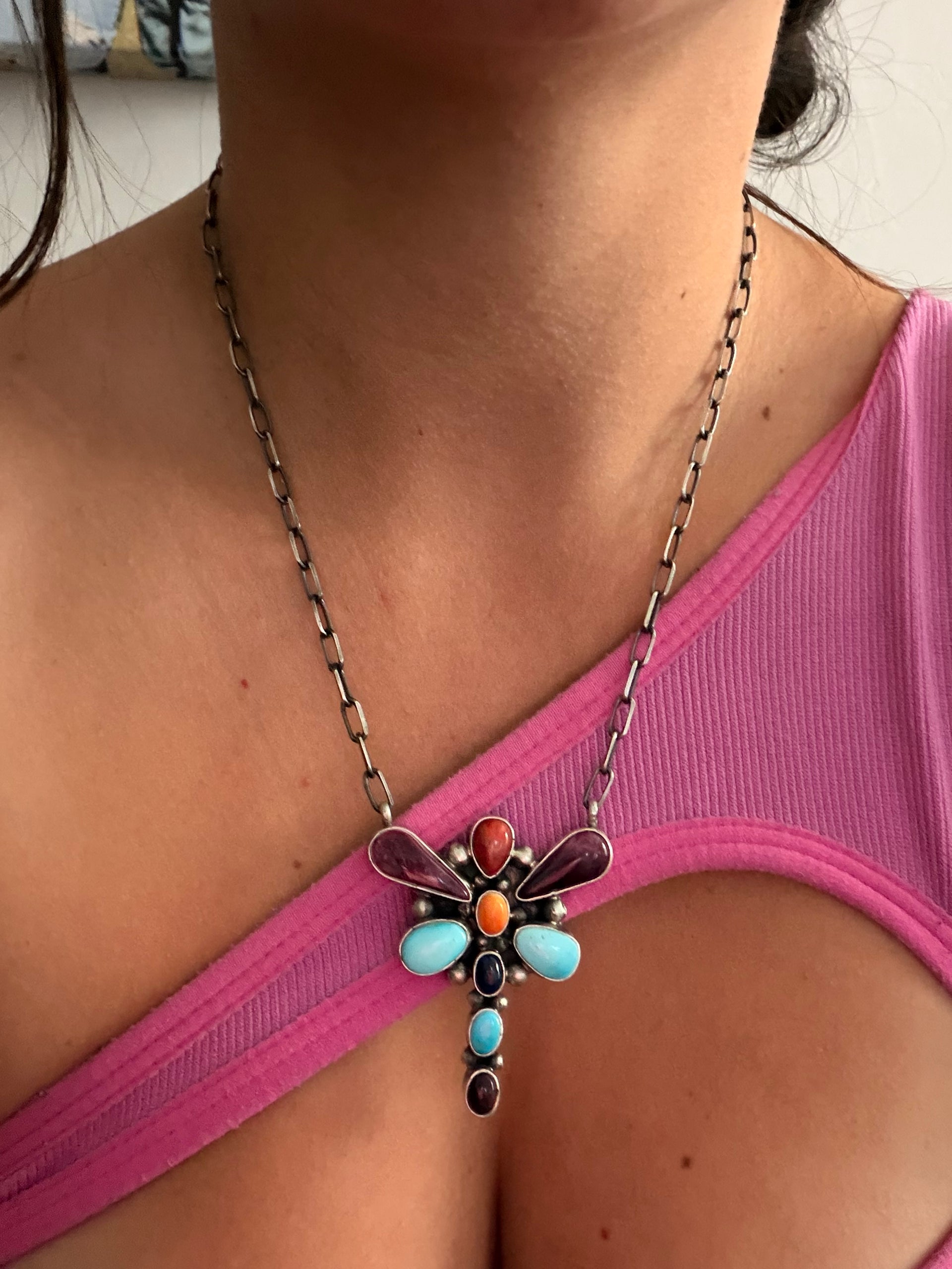 Travis Jim Multi Stone & Sterling Silver Cluster Dragonfly Necklace