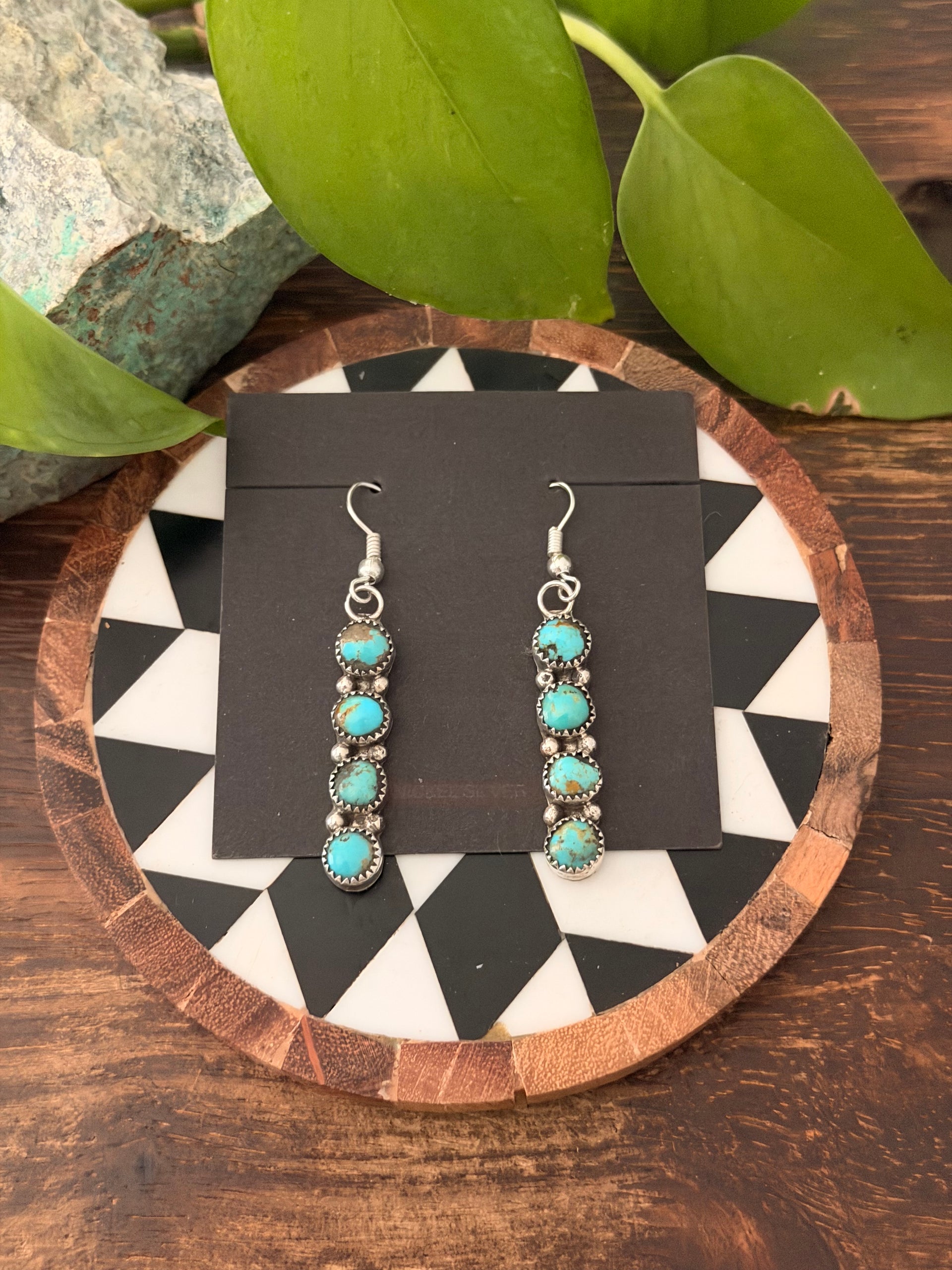 Navajo Made Kingman Turquoise & Sterling Silver Cluster Dangle Earrings