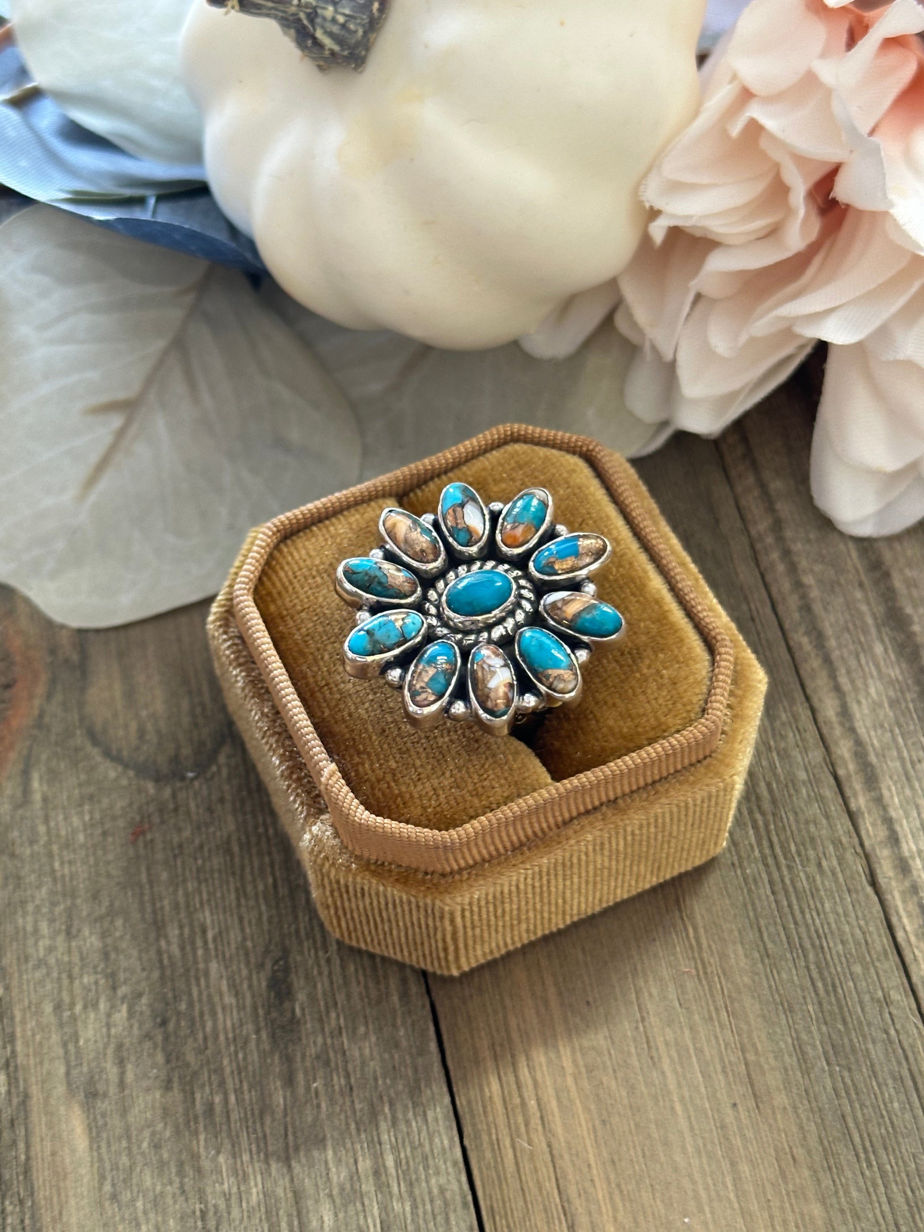 Southwest Handmade Mohave Turquoise & Sterling Silver Adjustable Cluster Ring