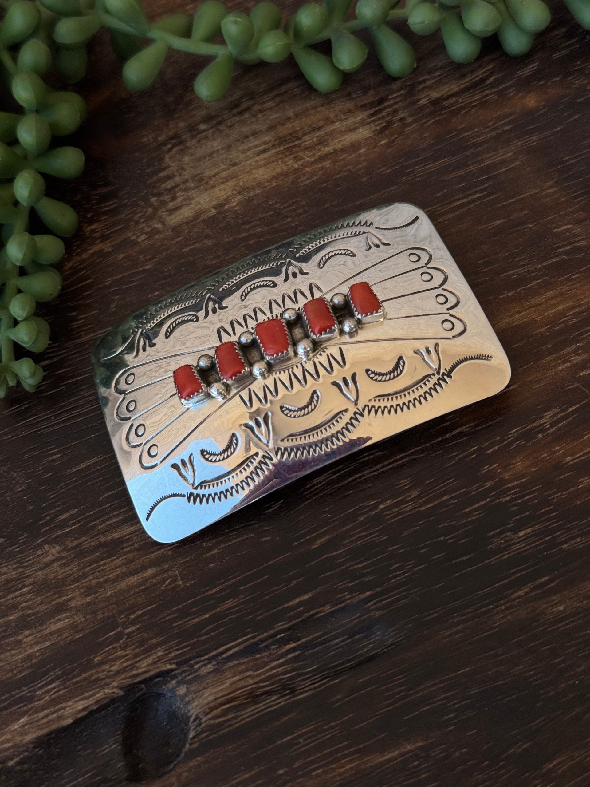 Navajo Made Red Coral & Sterling Silver Belt Buckle