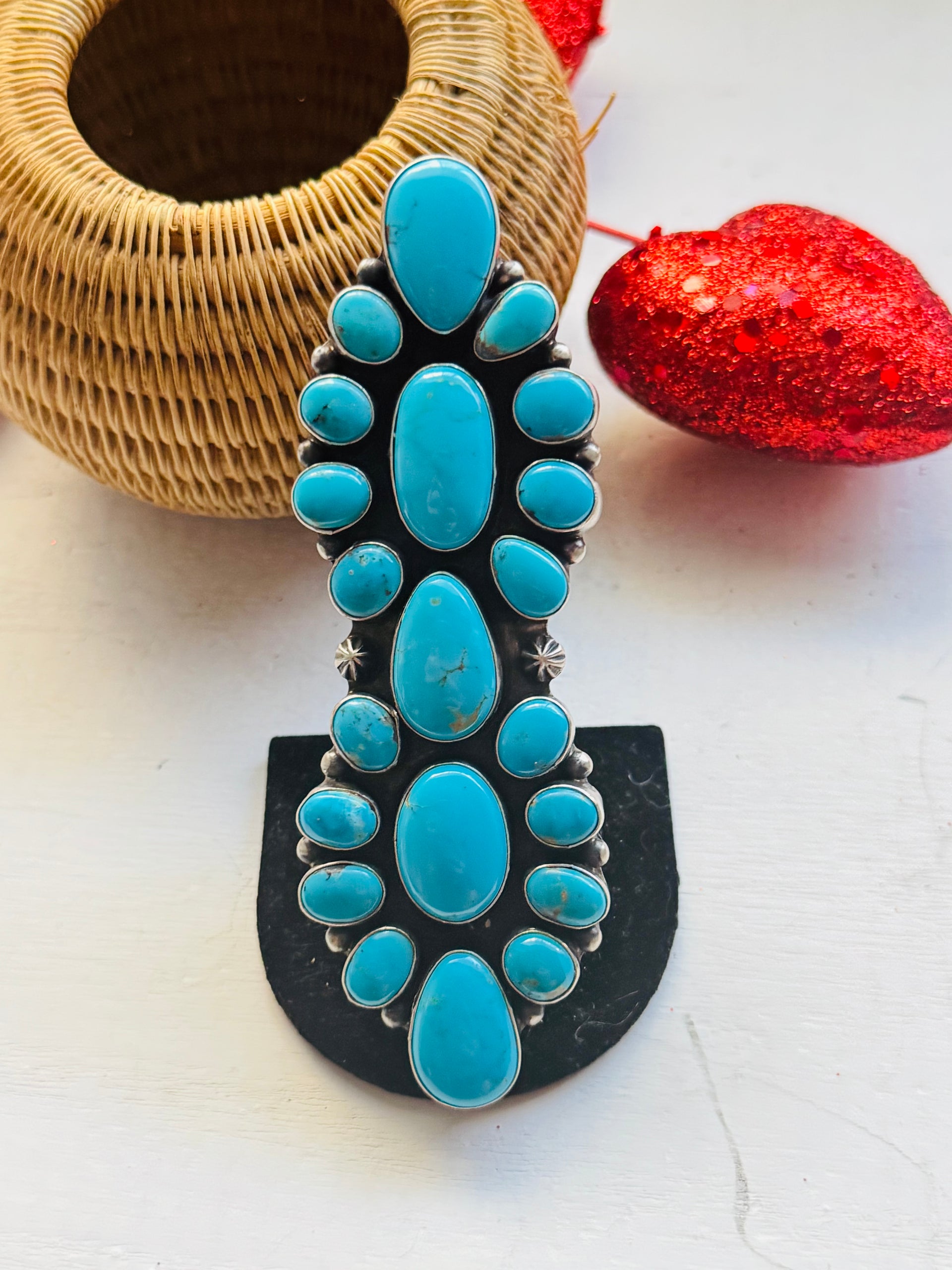 Navajo Made Kingman Turquoise & Sterling Silver Cluster Ring Size 9