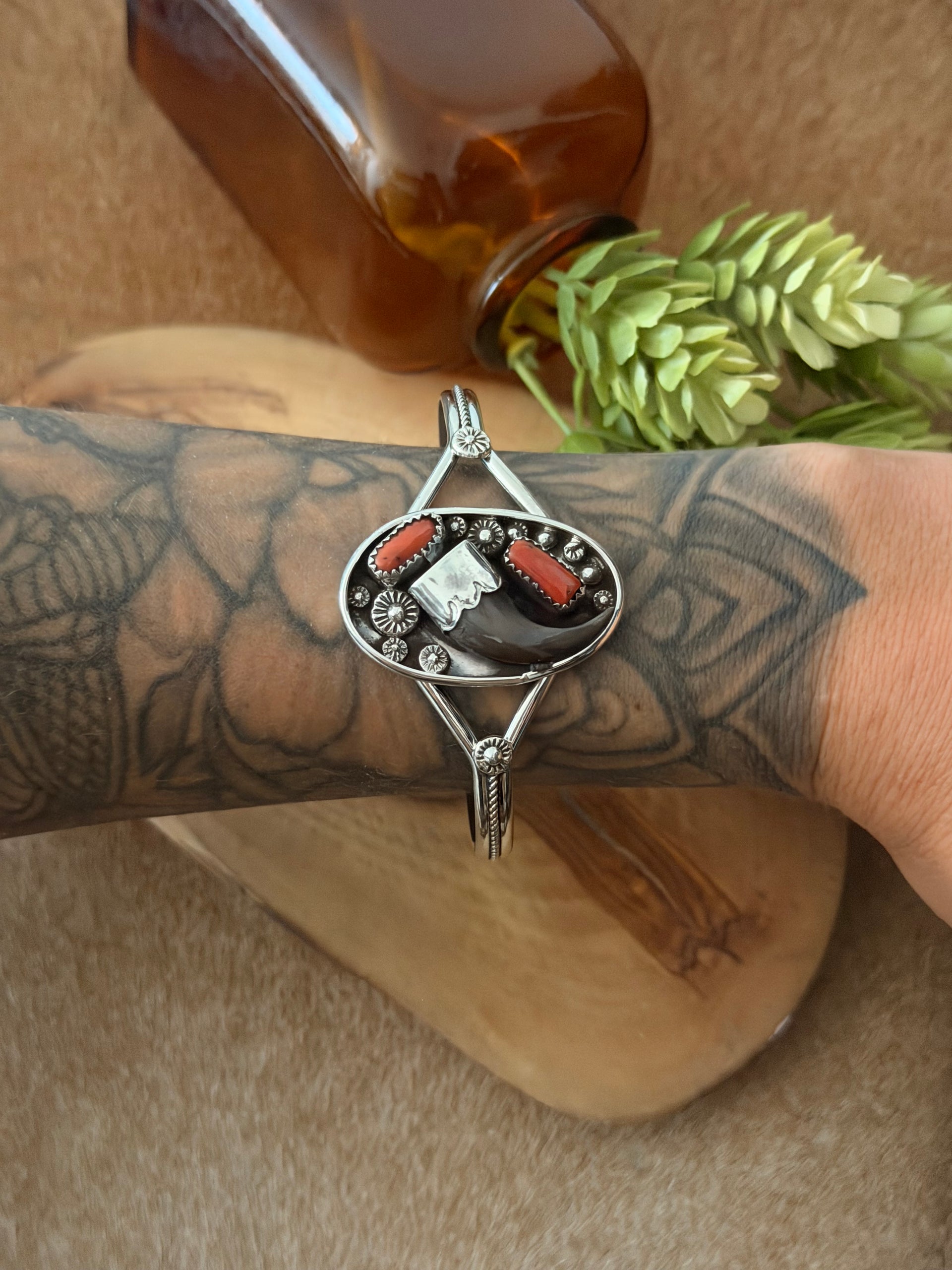 Navajo Made Coral & Sterling Silver Cuff Bracelet