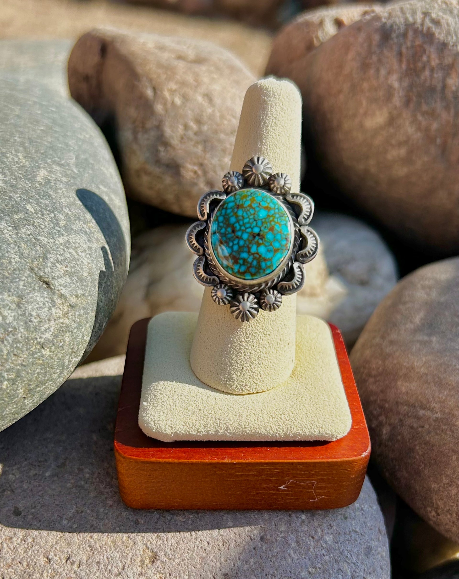 Bennie Ramone Birds Eye Kingman Turquoise & Sterling Sliver Cluster Ring Size 8
